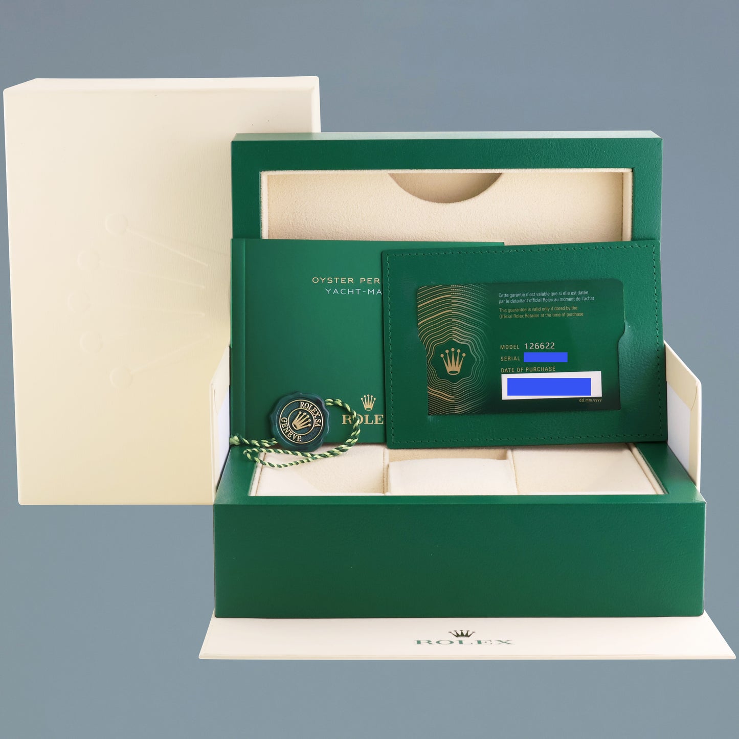 2023 NEW PAPERS Rolex Yacht-Master 126622 Steel Platinum Rhodium Blue Watch Box