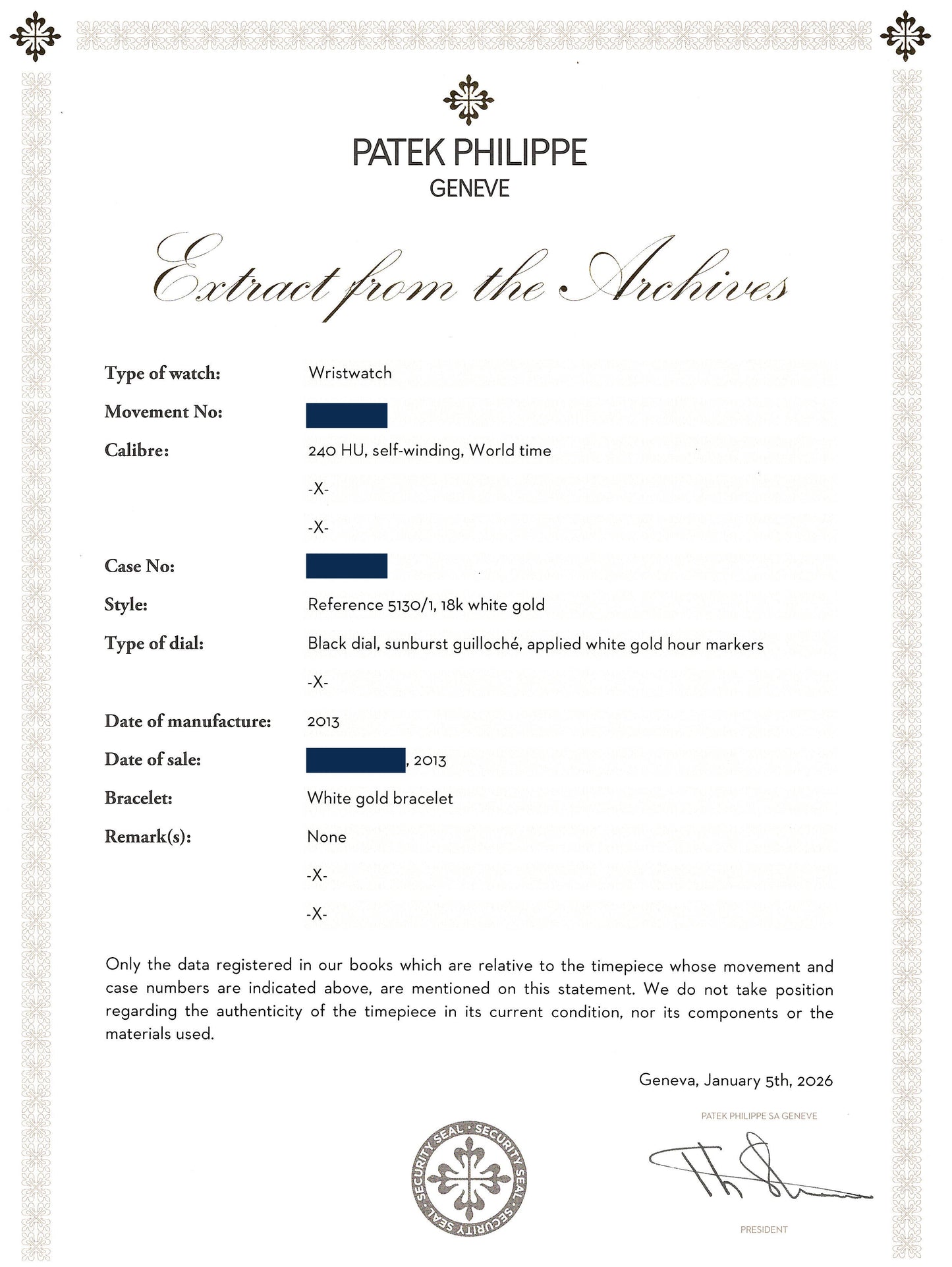 MINT PAPERS Patek Philippe 5130/1g 39mm White Gold Bracelet World Time Watch Box