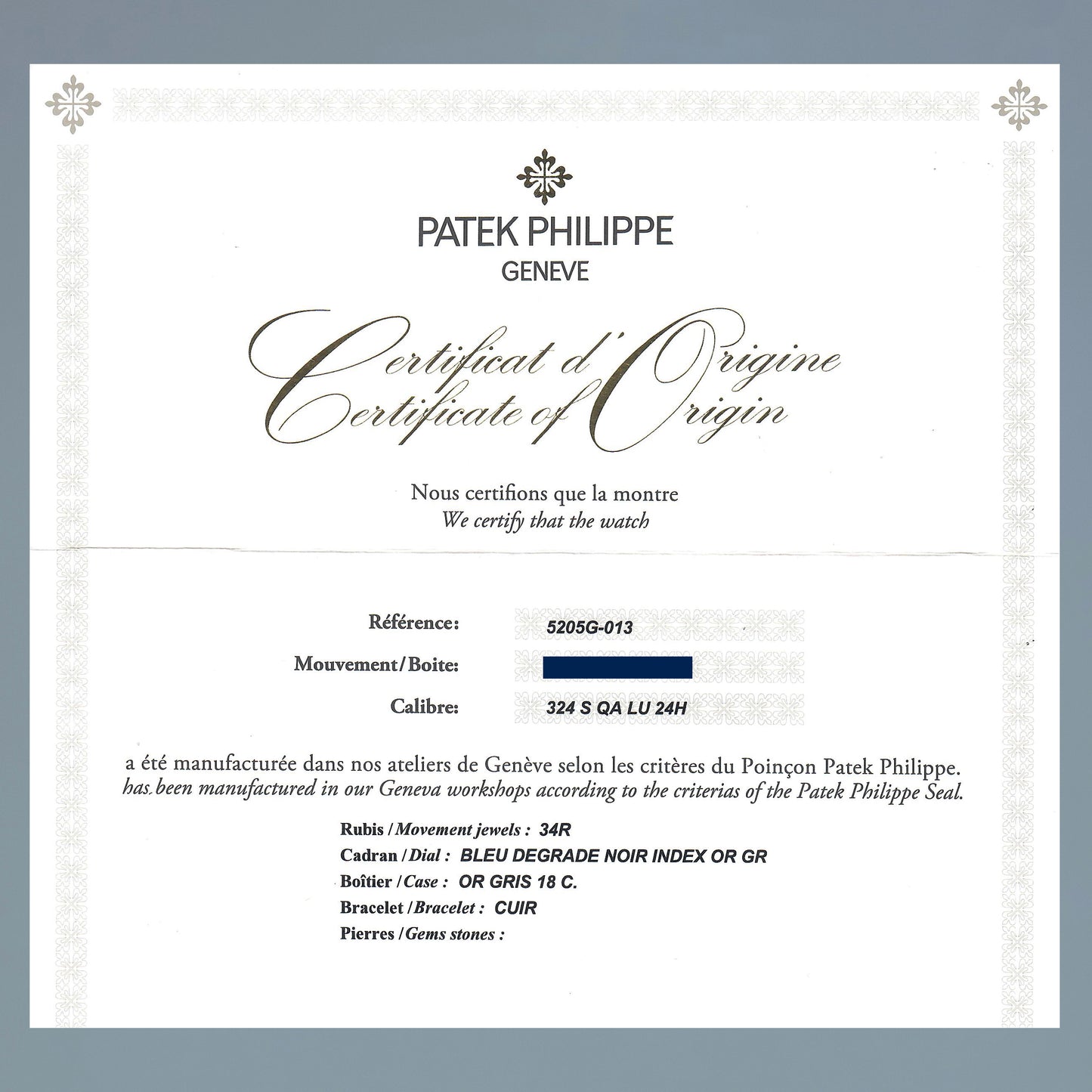 PAPERS 2025 Patek Service Patek Philippe 5205G White Gold Annual Calendar Blue Watch