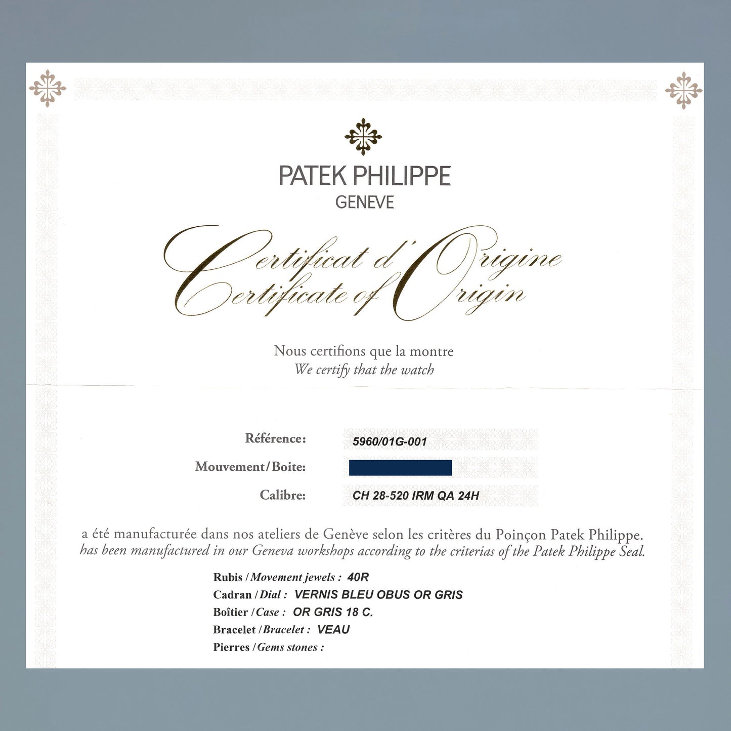 2018 PAPERS MINT Patek Philippe 5960G White Gold Chrono Blue Calendar 40.5mm Watch