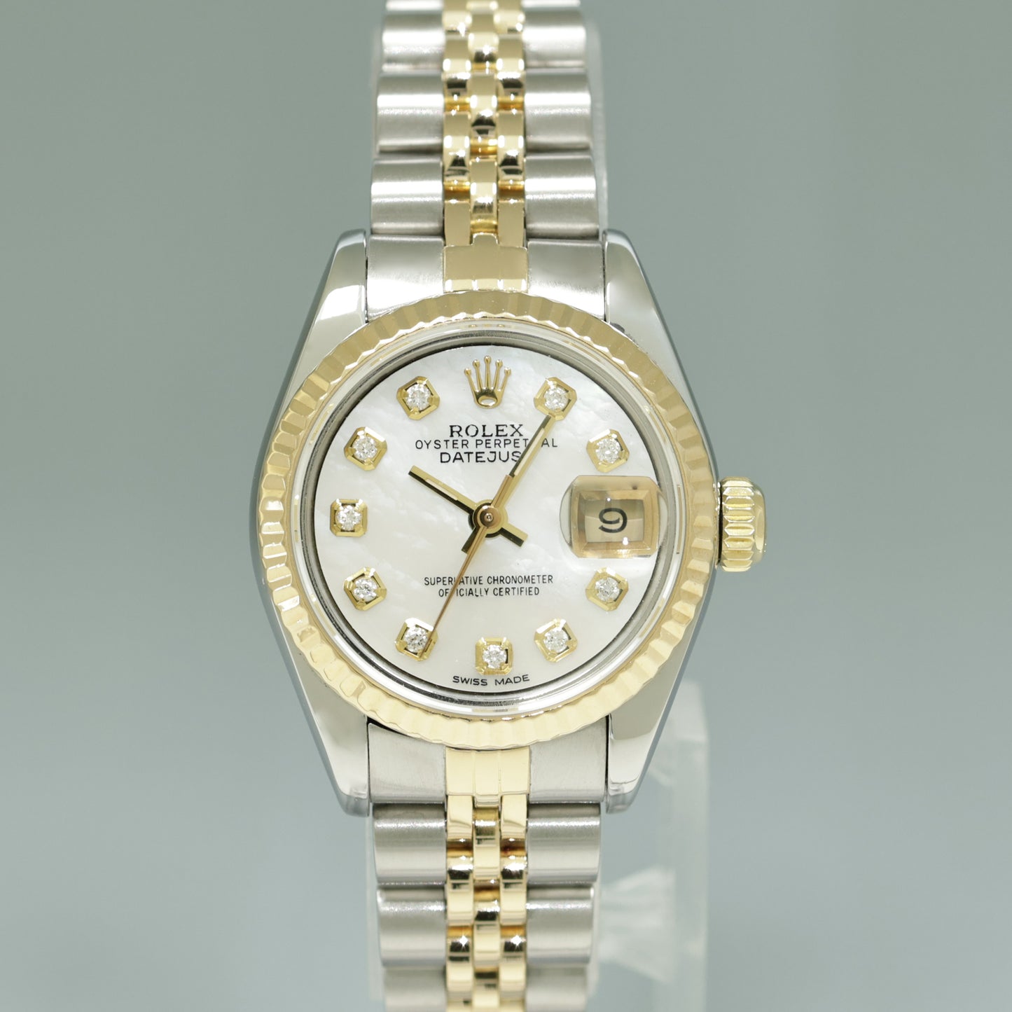 Diamond Pearl Ladies Rolex DateJust 26mm 69173 Two Tone Gold Steel Jubilee Watch Box