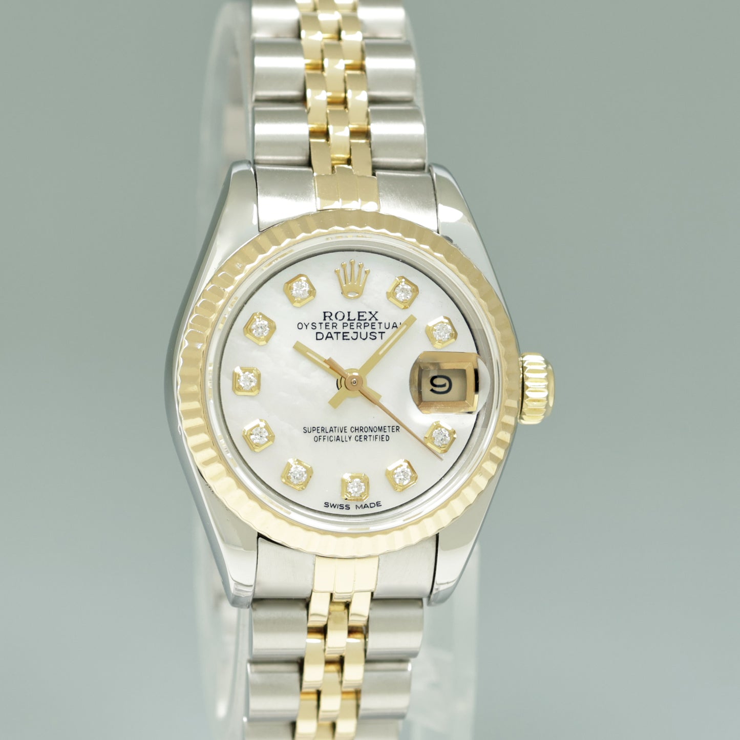 Diamond Pearl Ladies Rolex DateJust 26mm 69173 Two Tone Gold Steel Jubilee Watch Box