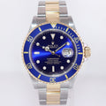 2005 Rolex Submariner 16613 Gold Steel Two Tone Gold Buckle Sunburst Blue Watch