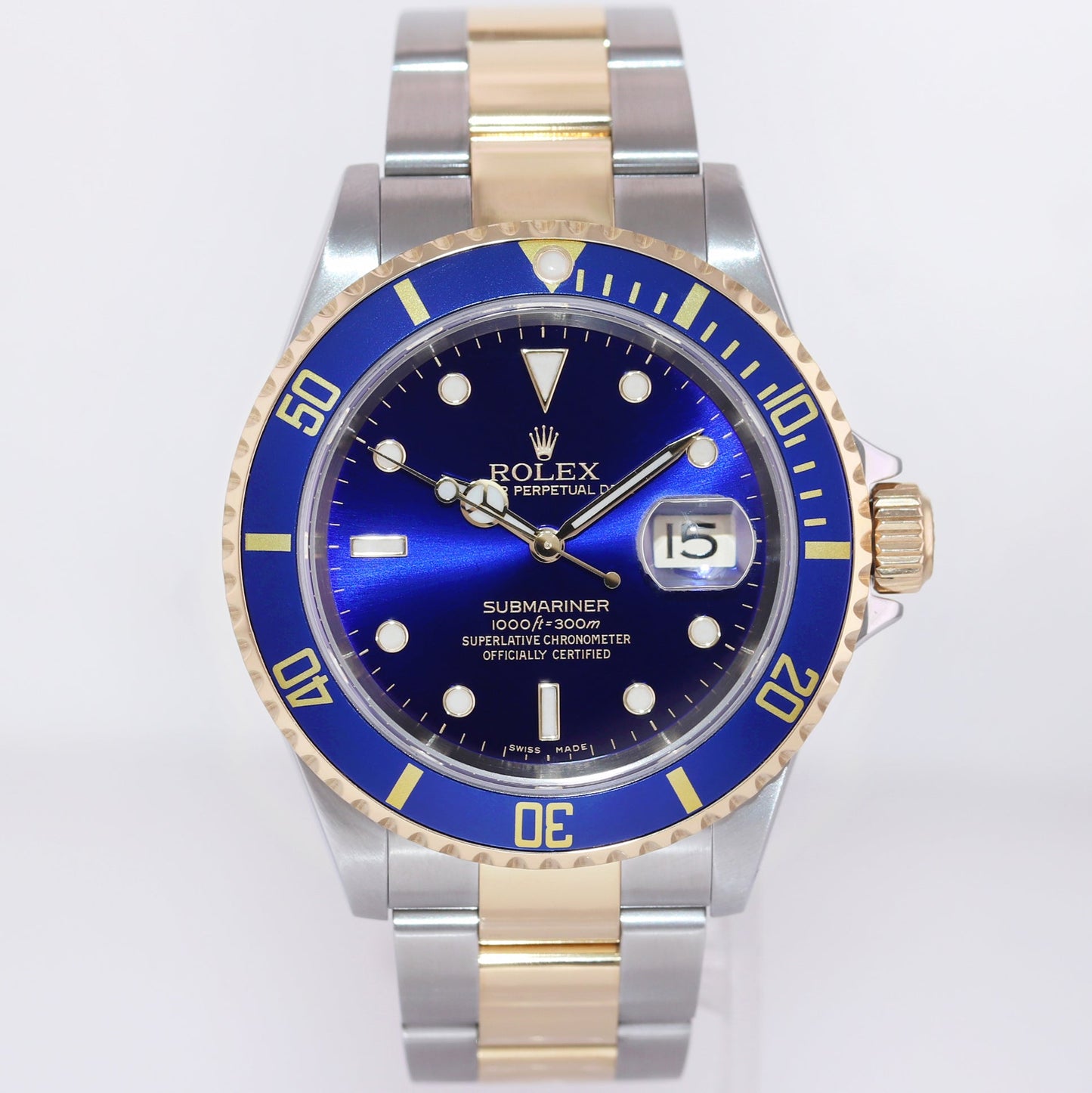 2005 Rolex Submariner 16613 Gold Steel Two Tone Gold Buckle Sunburst Blue Watch