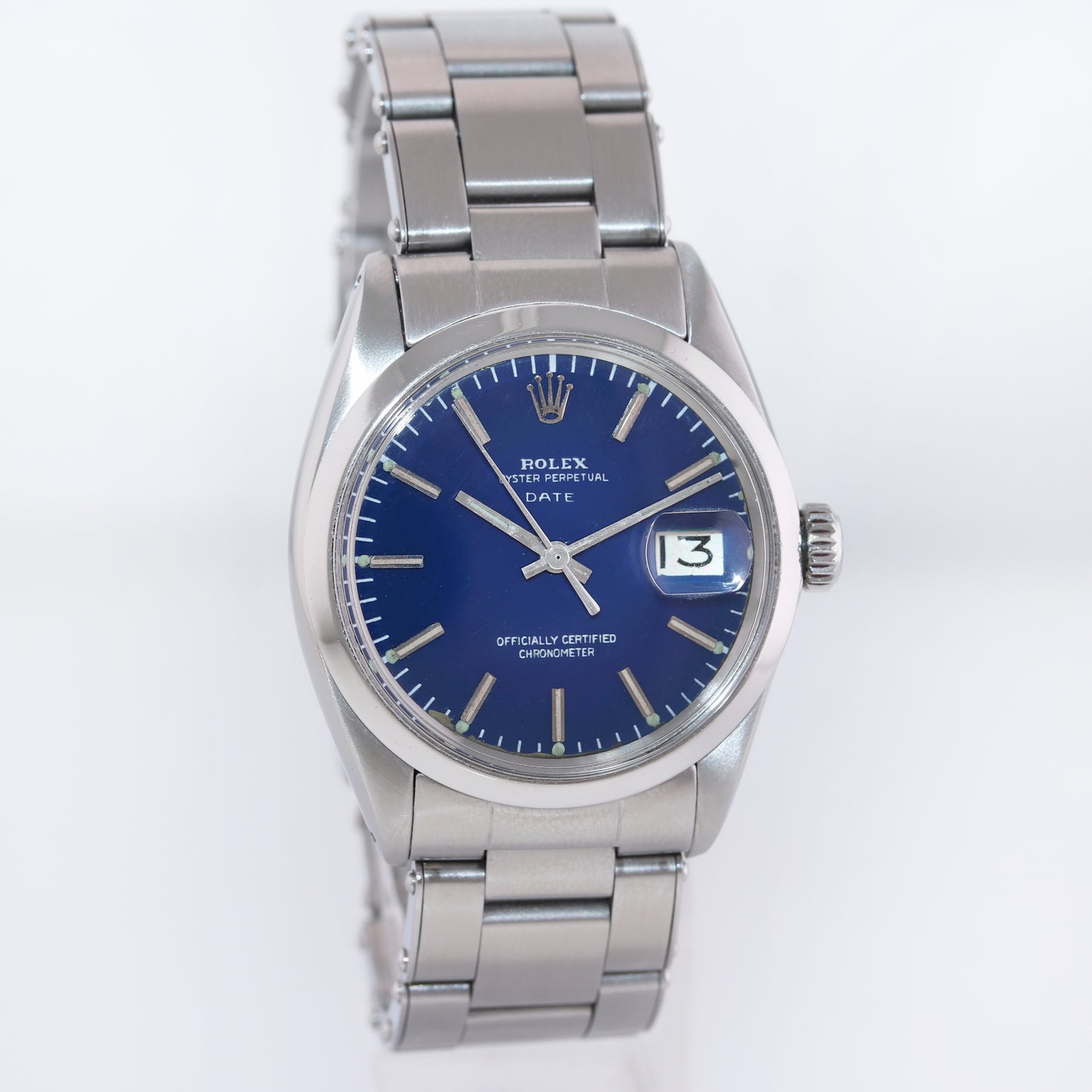 Vintage Rolex Date 1500 Steel Blue Dial 34mm Oyster Perpetual Watch Box