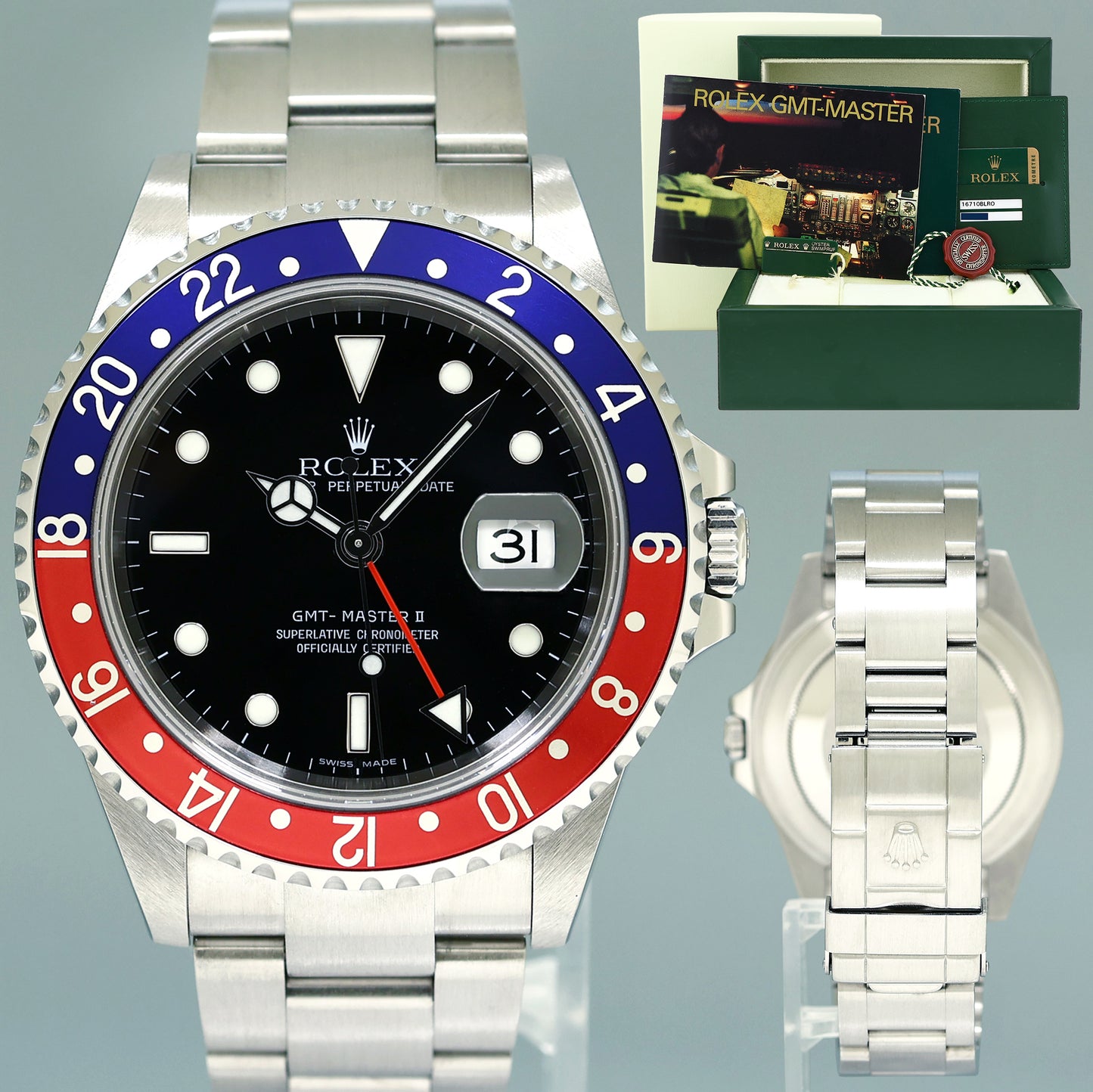 PAPERS 2010 Rolex GMT-Master II 16710 PEPSI Steel Blue Error Stick 3185 Watch Box