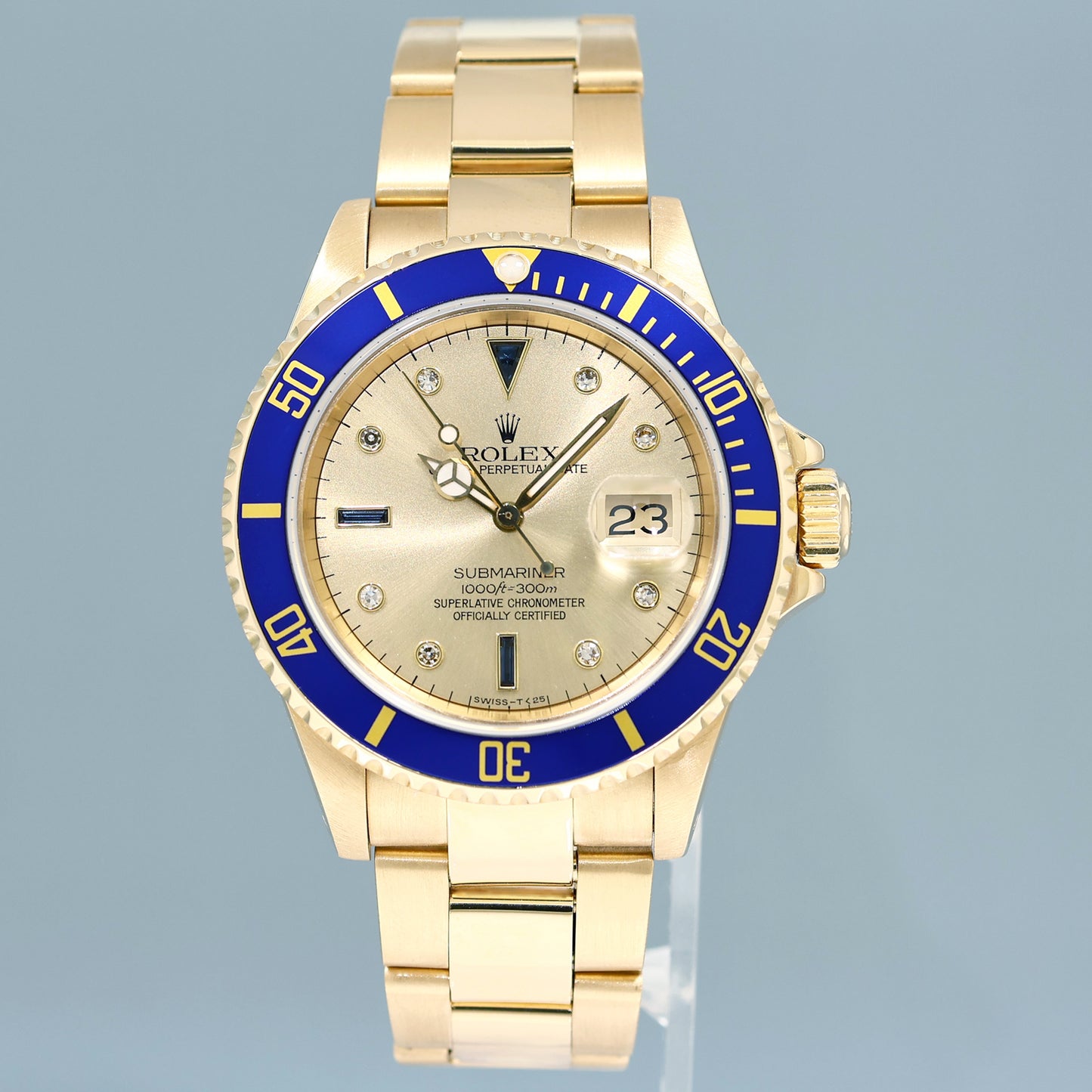 Rolex 16618 Submariner Yellow Gold Blue Champagne Serti Diamond 40mm Watch Box