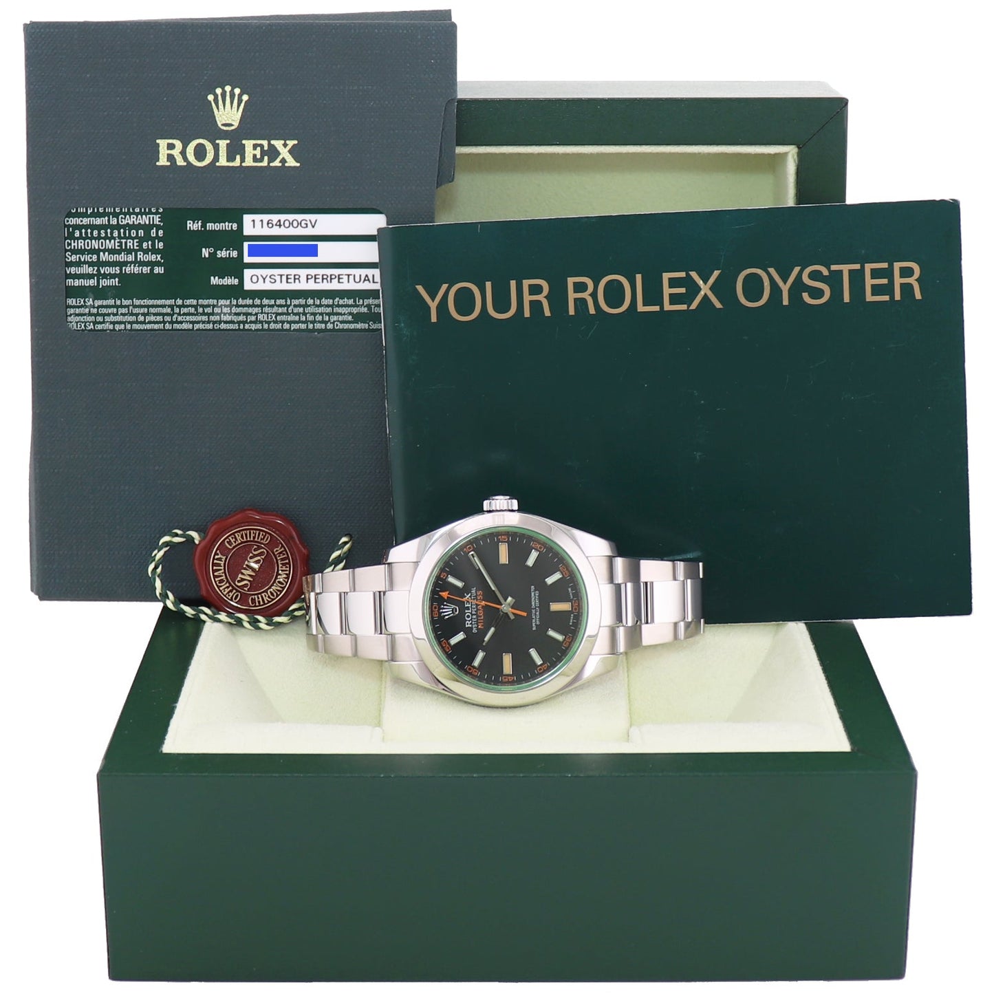 MINT PAPERS Rolex Milgauss Green Anniversary 116400GV 40mm Steel Black Watch Box