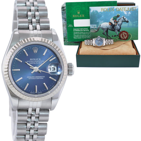Ladies Rolex DateJust 26mm Blue Stick White Gold Fluted Steel Jubilee Watch 69174