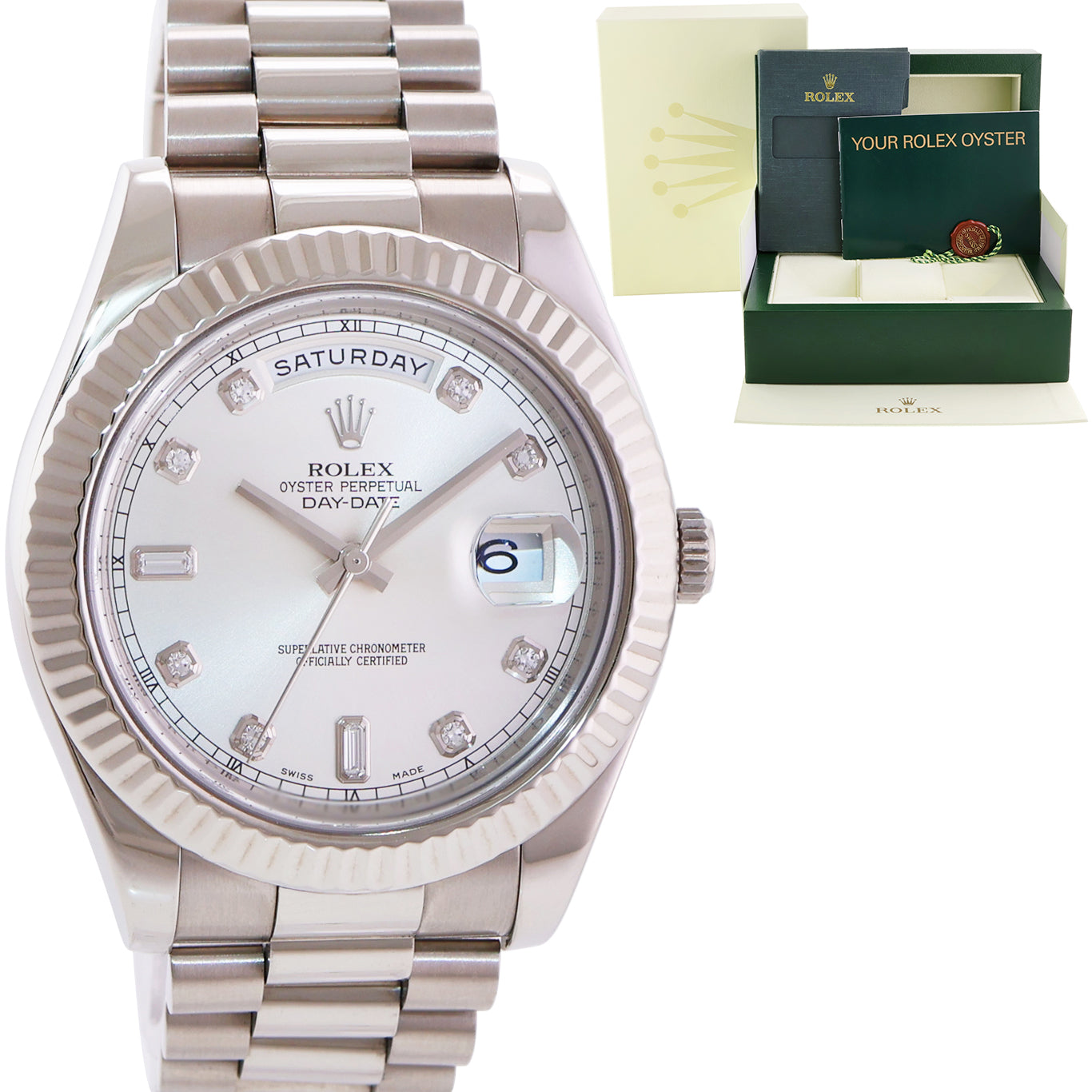 2014 MINT ROLEX Day Date 218239 White Gold 41MM President Silver Diamond Watch Huntington Watch