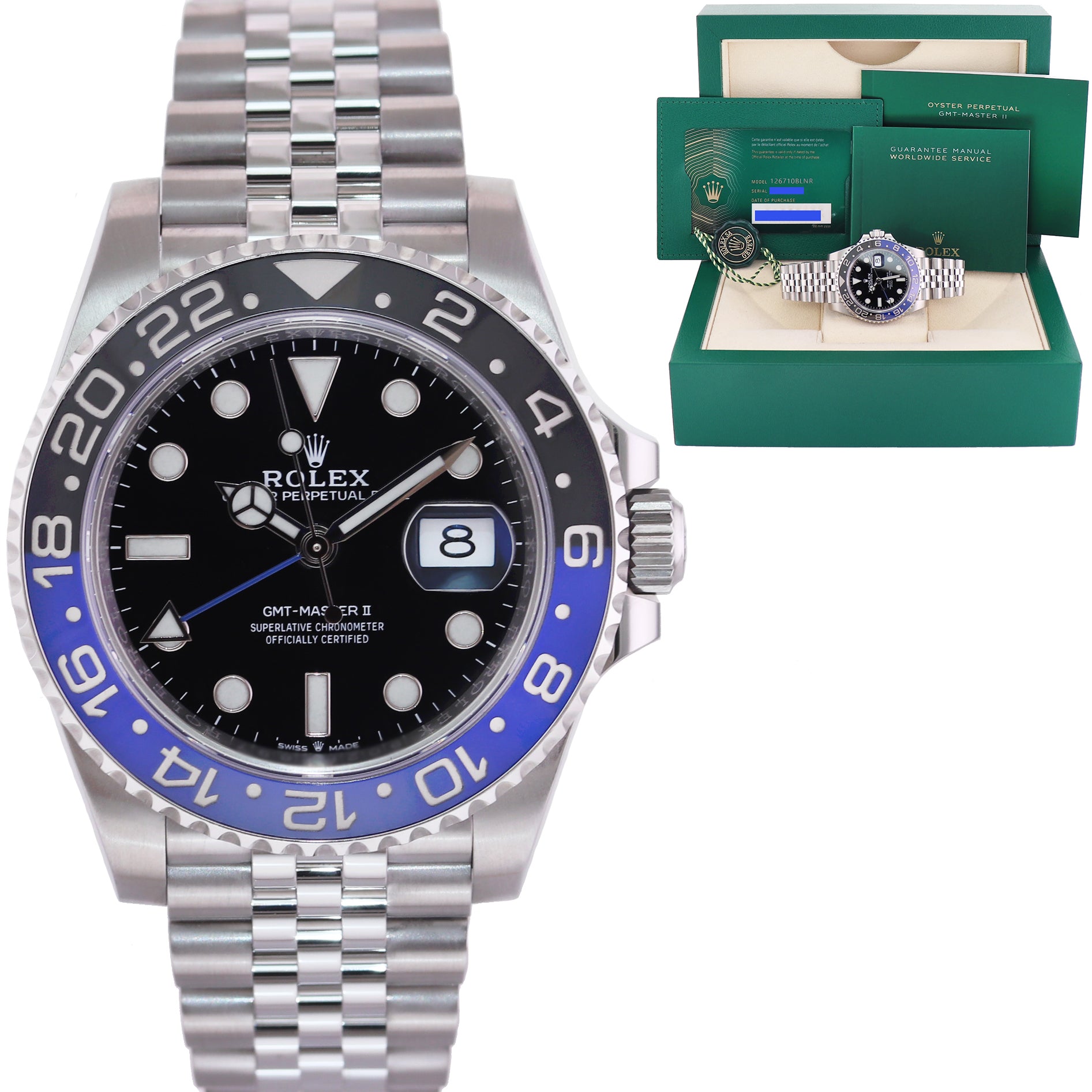 2022 NEW Papers Rolex GMT Master Batman Blue Jubilee Ceramic 126710 Watch Box Huntington Watch