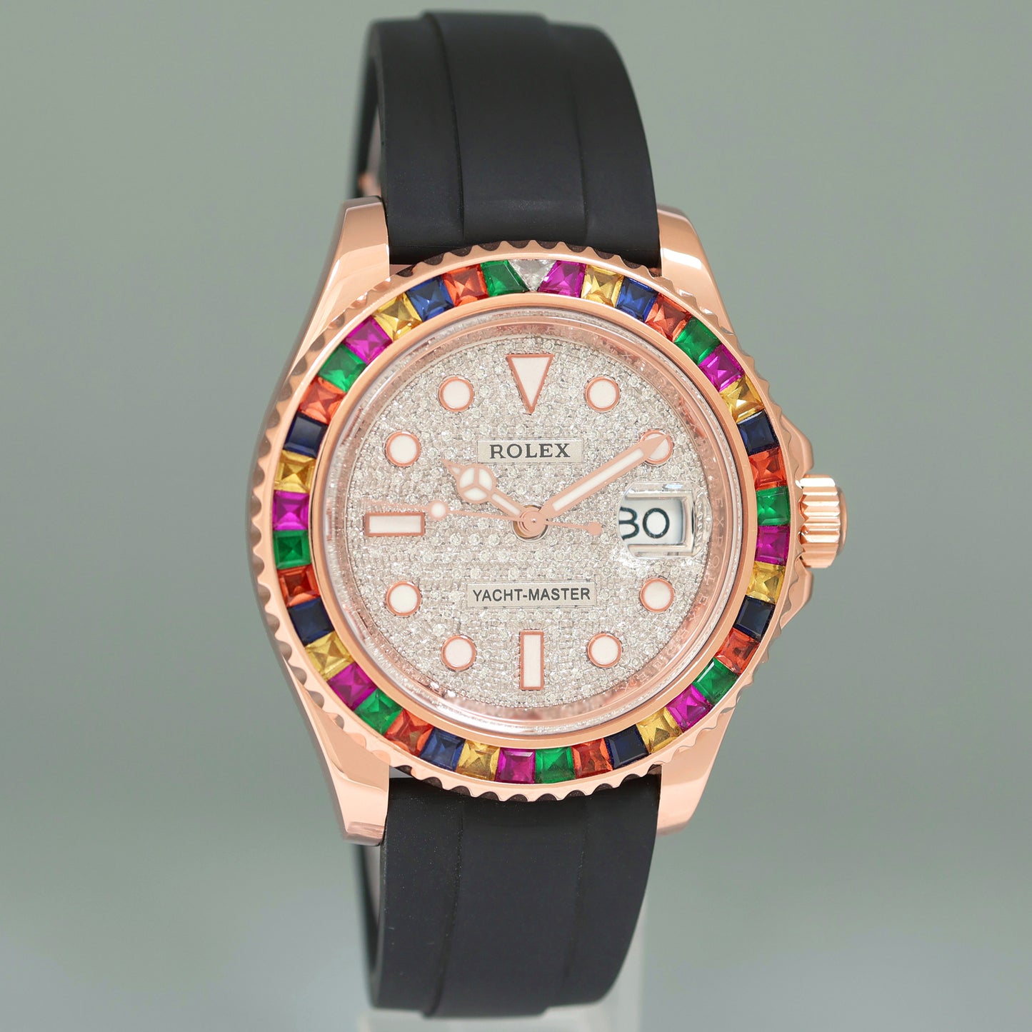 MINT Rolex Yacht-Master 116655 Rose Gold 40mm Pave Diamond Rainbow Sapphire Watch