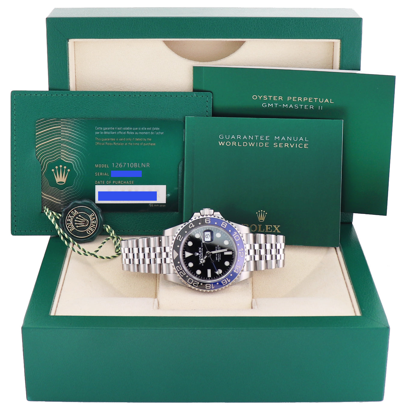 2022 NEW Papers Rolex 126710BLNR GMT Master II Batman Blue Jubilee Ceramic Watch Box