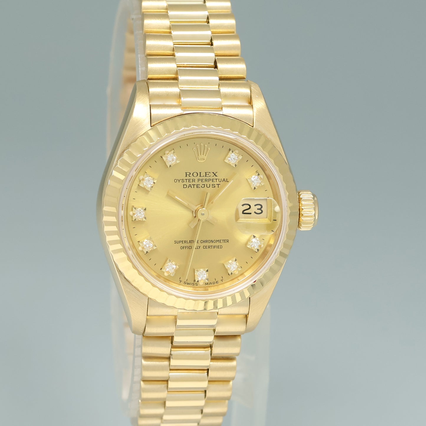 MINT Champagne Diamond Ladies Rolex DateJust President 26mm 69178 Yellow Gold Watch