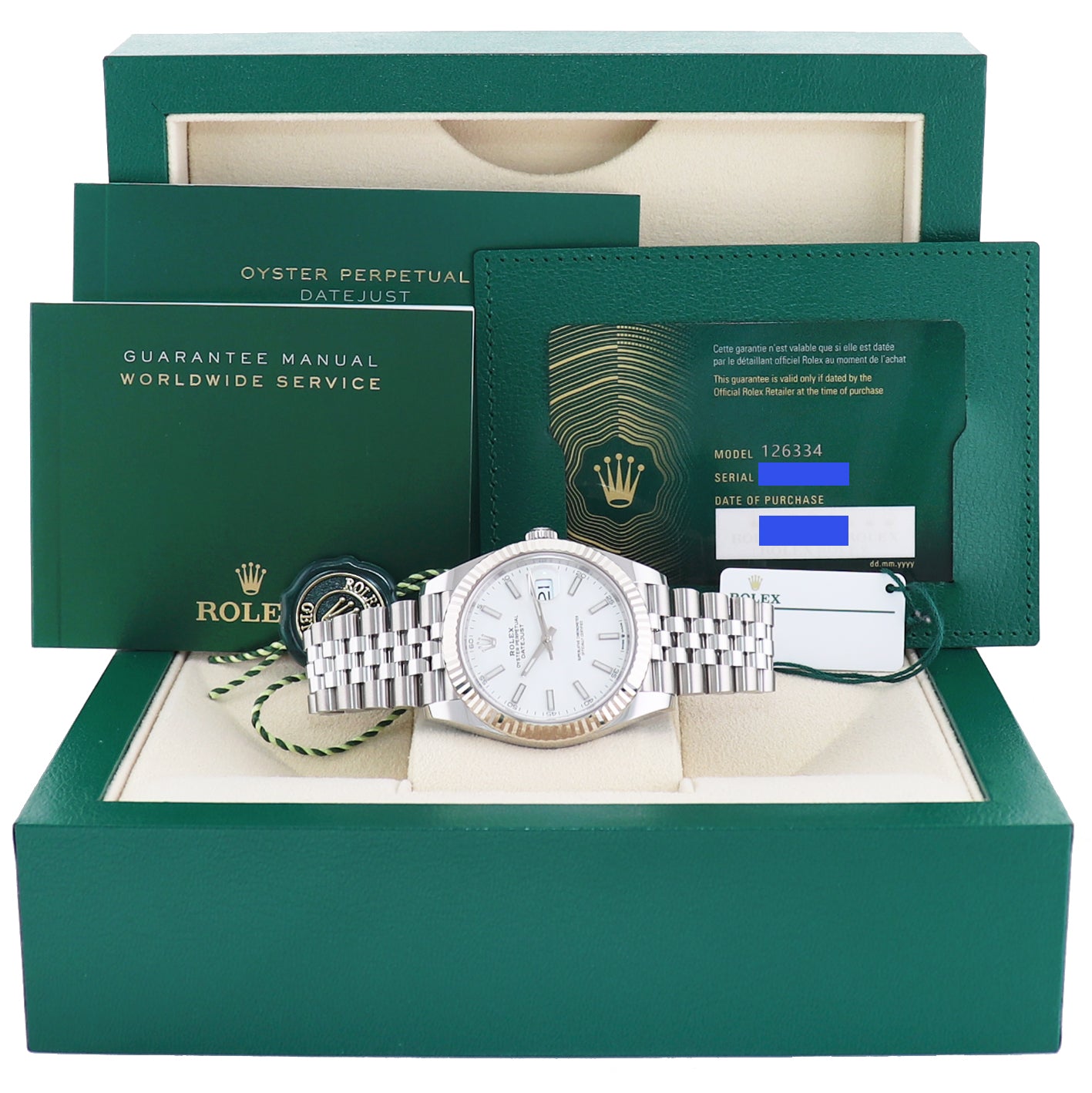 2026 NEW PAPERS Rolex DateJust 41 White Stick 126334 Steel Fluted Gold Jubilee Watch Box