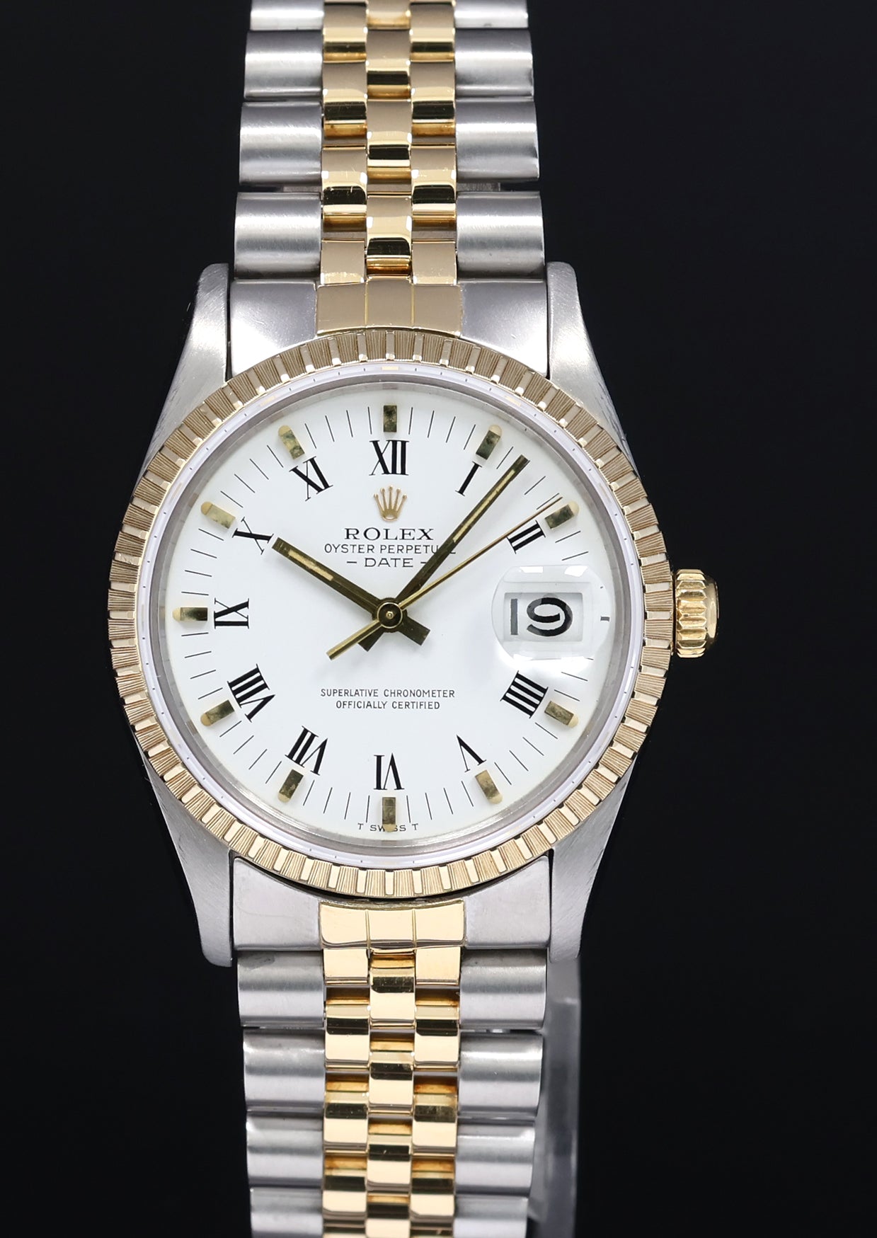 MINT Rolex Oyster Perpetual Date Two Tone Steel Gold White Roman Jubilee Watch 15053