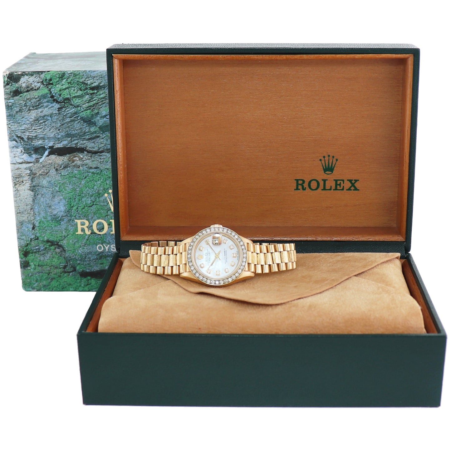 MINT Ladies Rolex DateJust President 26mm 6917 Gold MOP Diamond Bezel Watch