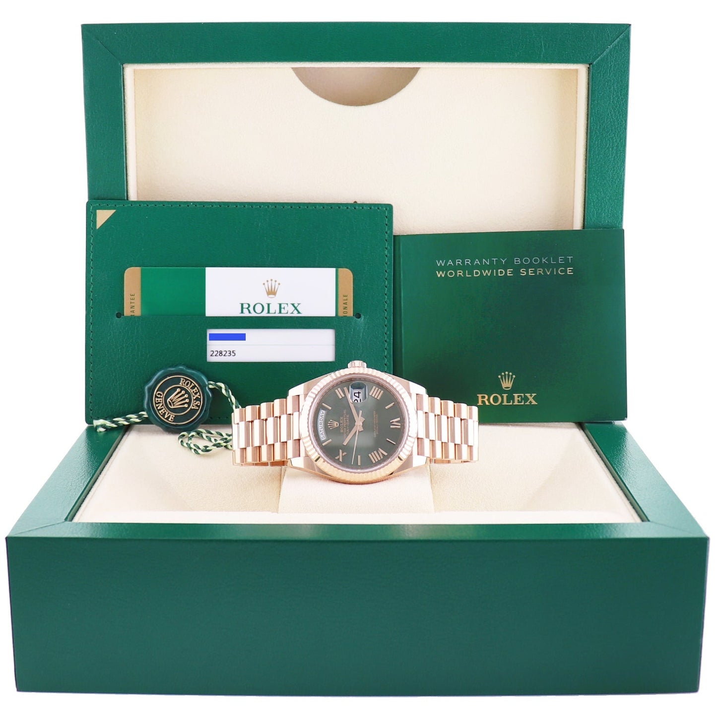 MINT PAPERS Rolex President 40mm Rose Gold Olive Green Roman 228235 Watch Box