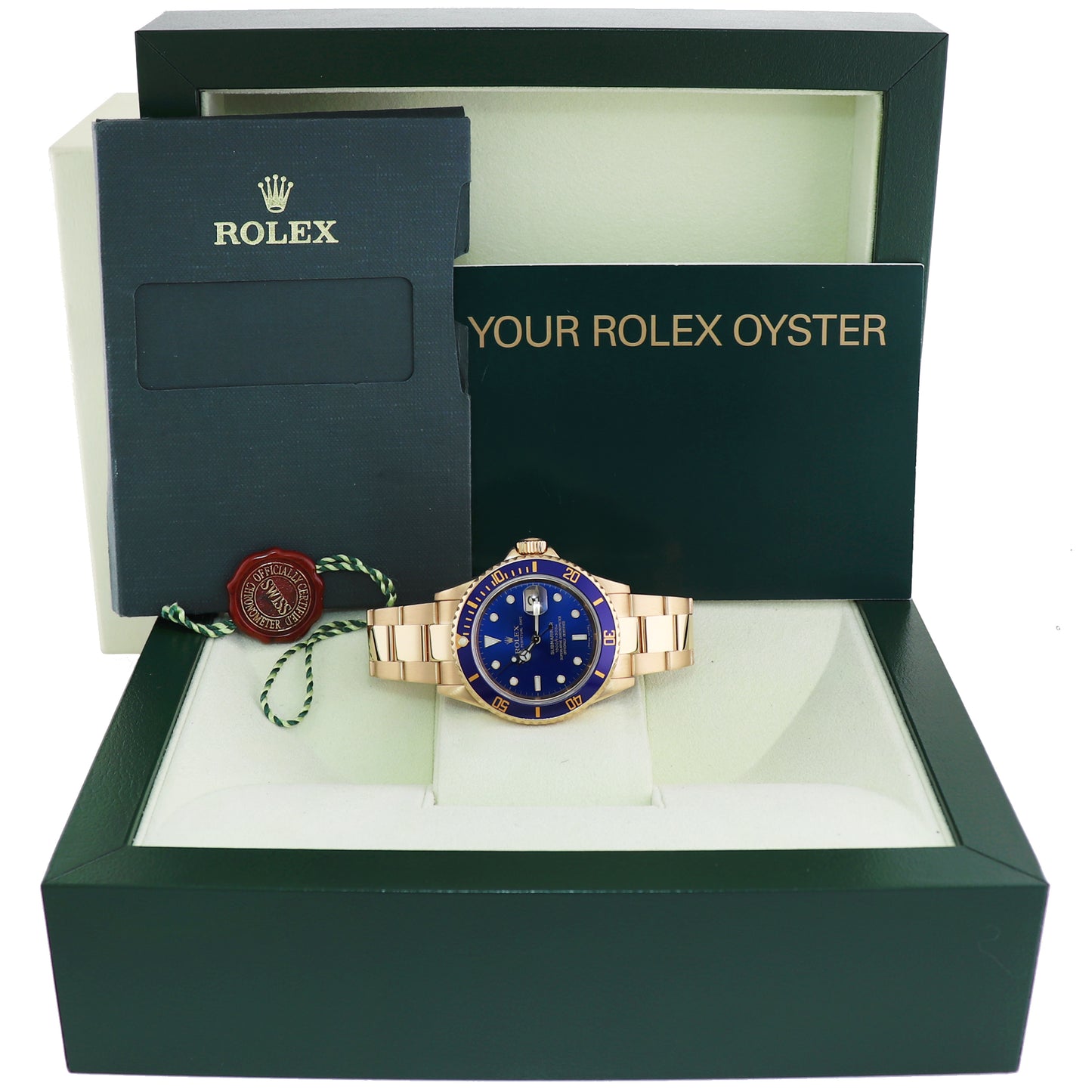 MINT 2005 Rolex 16618 Submariner Yellow Gold Sunburst Blue 40mm No Hole Case Watch