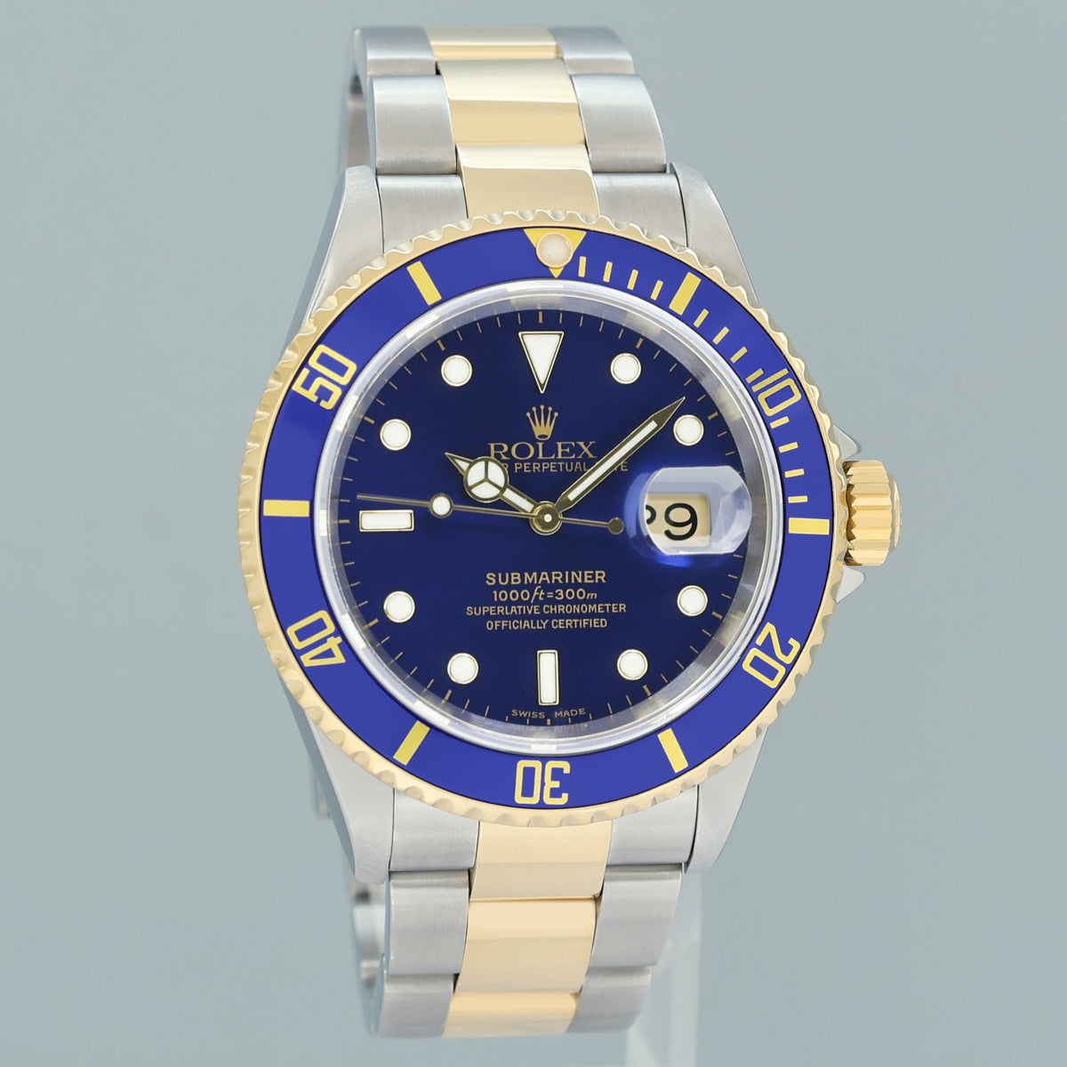 PAPERS 2025 RSC Rolex 16613LB Submariner Gold Steel Two Tone Gold Sunburst Blue Watch
