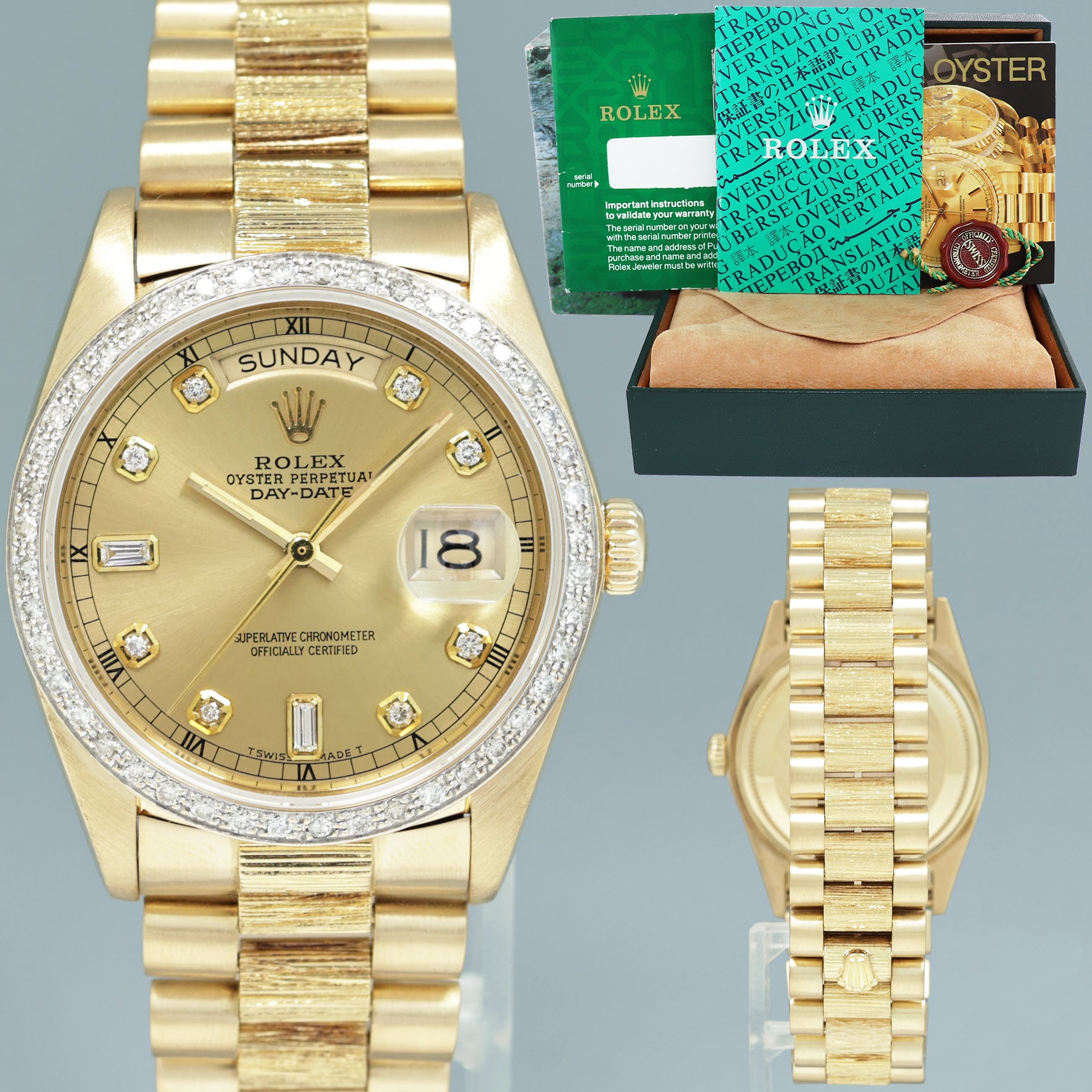 RolexDay-DatePresident18078BarkChampagneDiamondYellowGoldQuickSetWatch–HuntingtonWatch