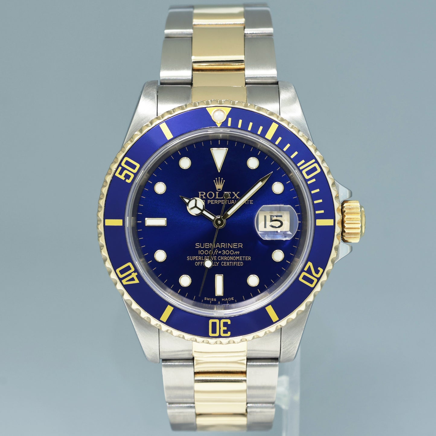1999 PAPERS MINT Rolex Submariner 16613 LB Gold Steel Two Tone Yellow Gold Sunburst Blue Watch Box