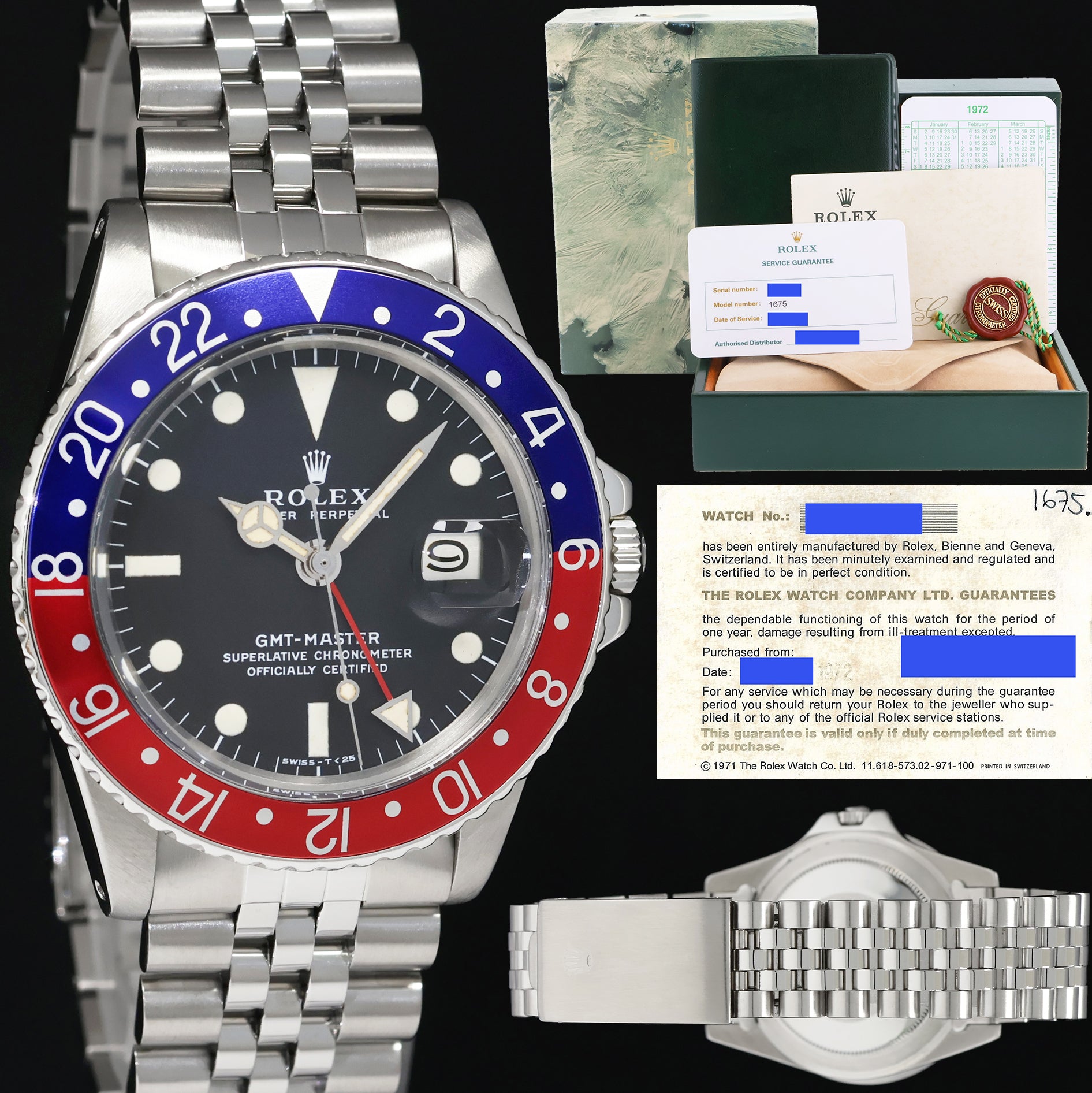 PAPERS 1972 Rolex GMT Master Pepsi Blue Red Matte Dial 1675 Jubilee Steel Watch Box