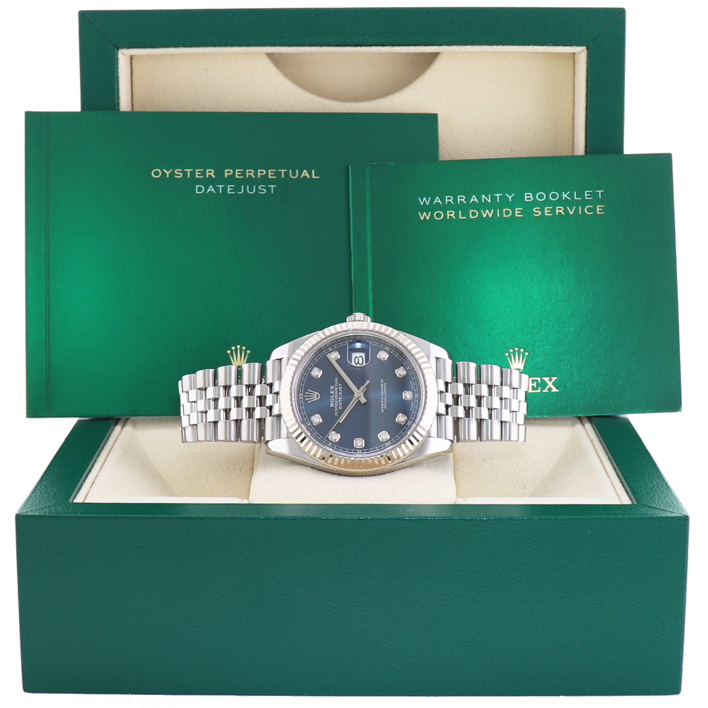 2023 MINT Rolex DateJust 41 Blue Diamond Jubilee Fluted 126334 Watch Box