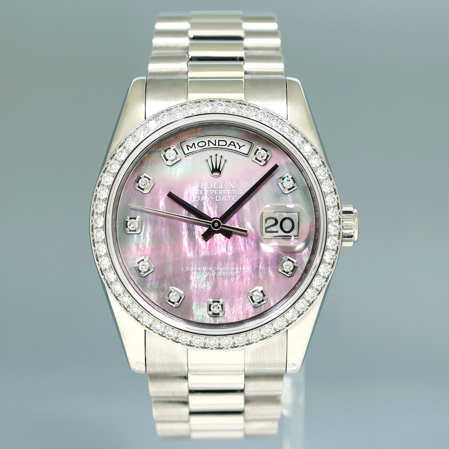 2007 PAPERS Rolex 118346 Platinum President MOP Diamond Bezel Day Date Watch