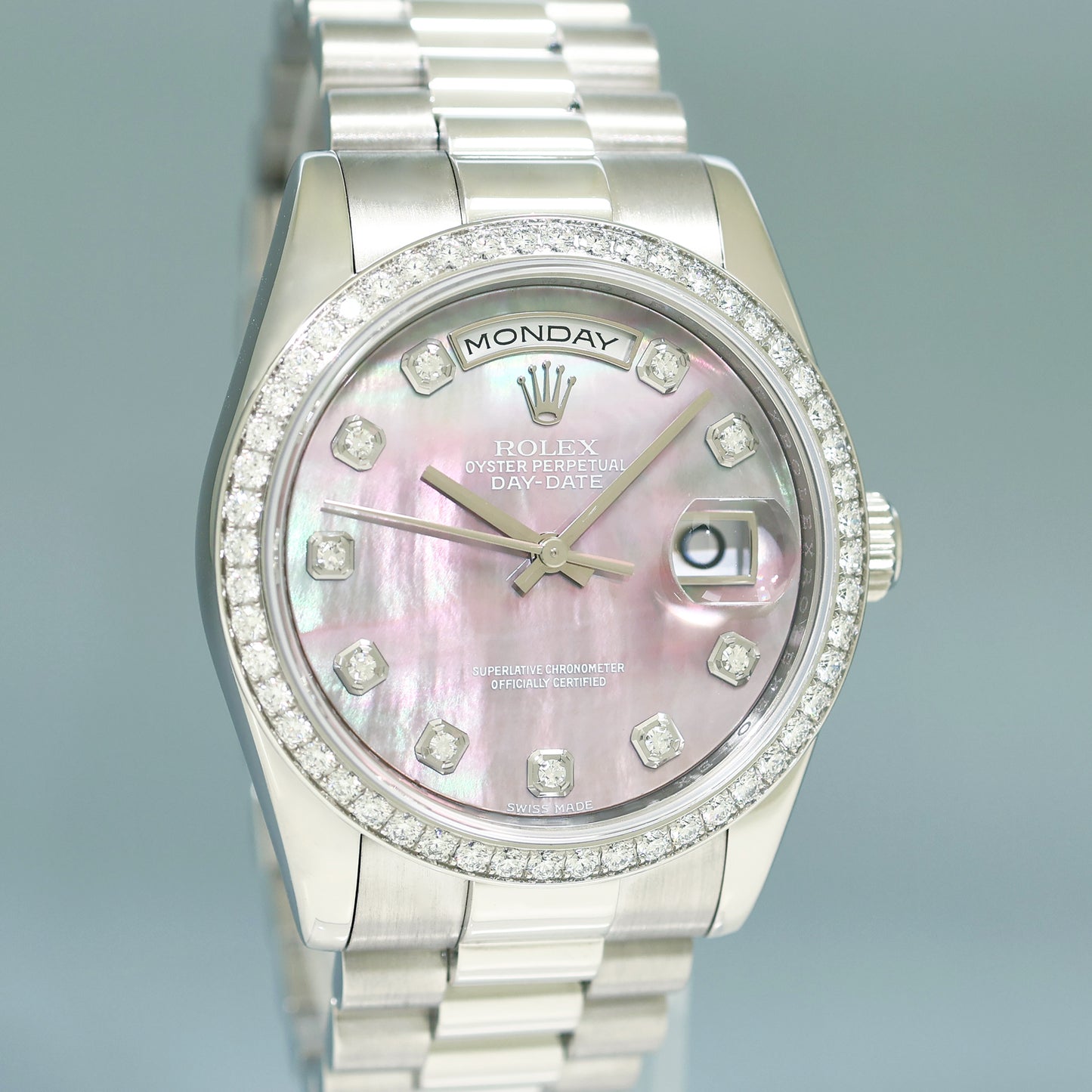 2007 PAPERS Rolex 118346 Platinum President MOP Diamond Bezel Day Date Watch