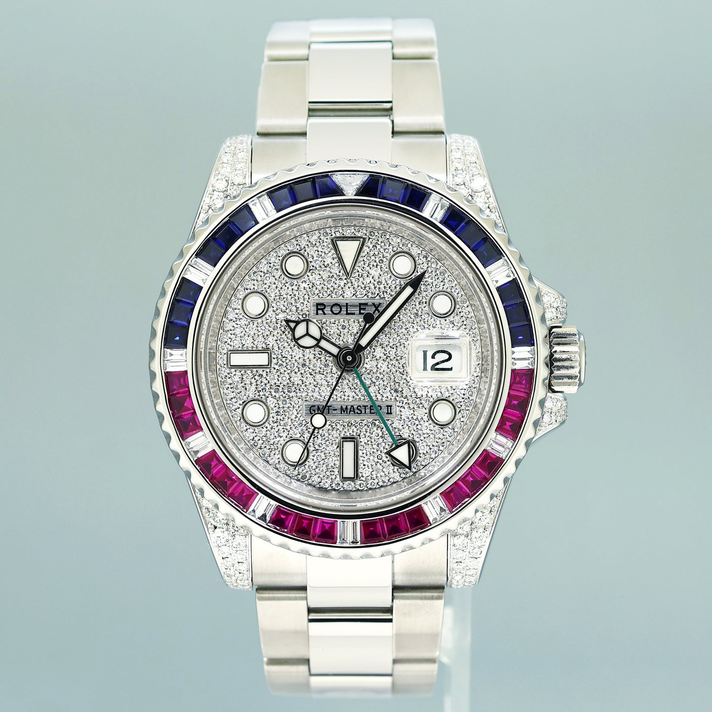 MINT Pave Diamond Ruby & Sapphire Rolex GMT Master II 116710 Steel 40mm Watch