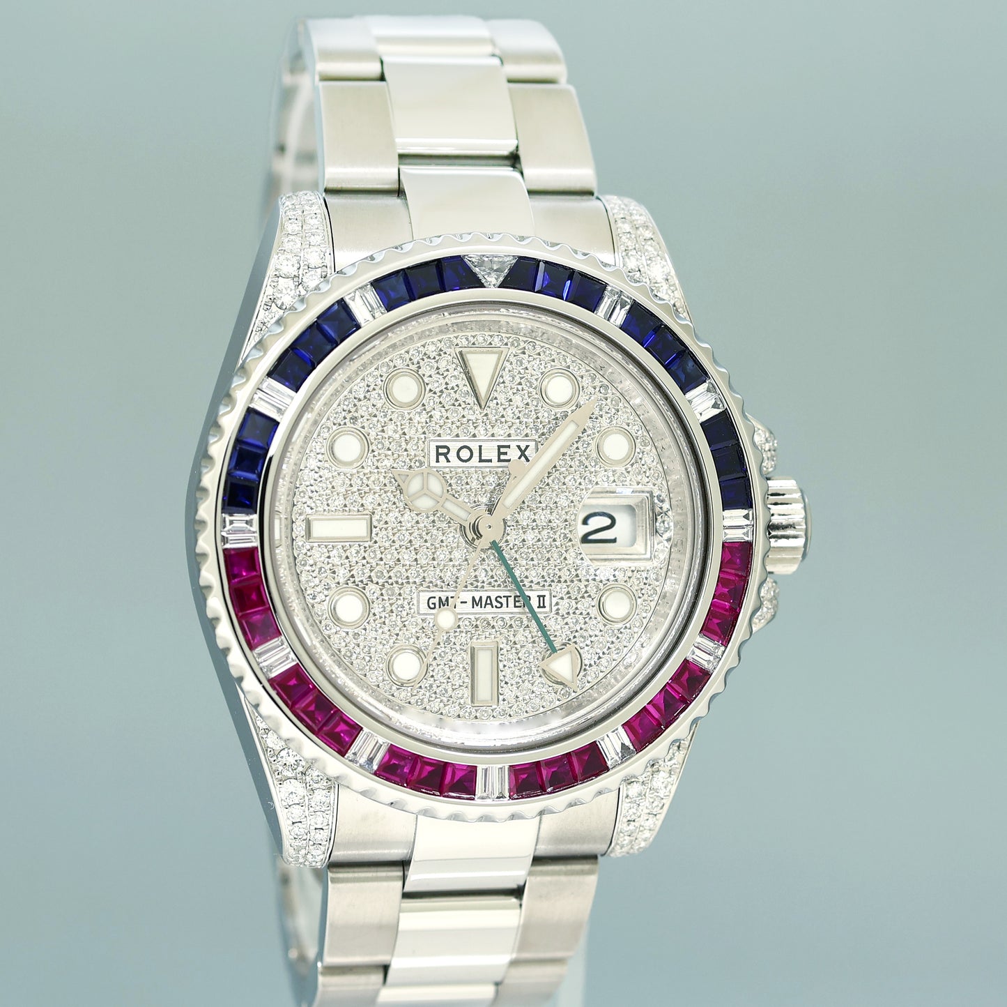 MINT Pave Diamond Ruby & Sapphire Rolex GMT Master II 116710 Steel 40mm Watch