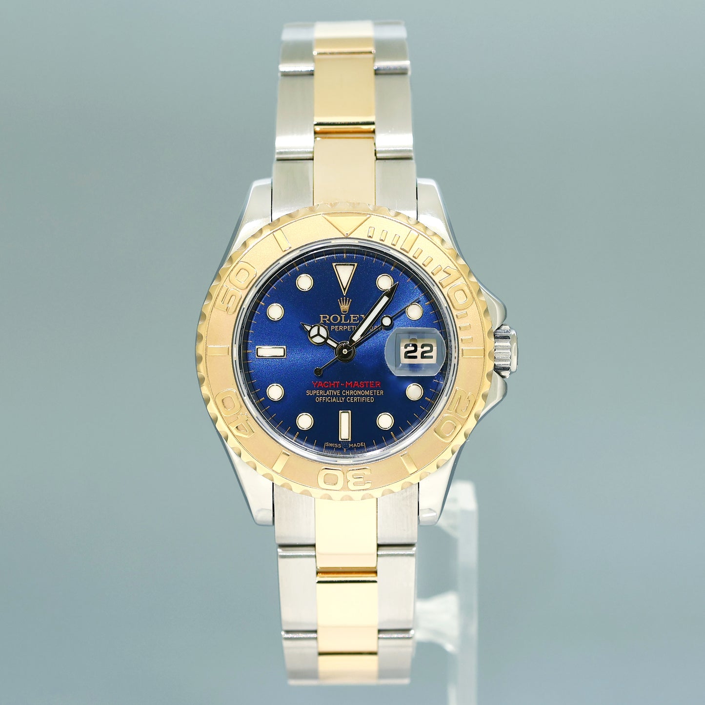 MINT Ladies Rolex Yacht-Master 169623 Two Tone Yellow Gold 29mm Blue Watch Box