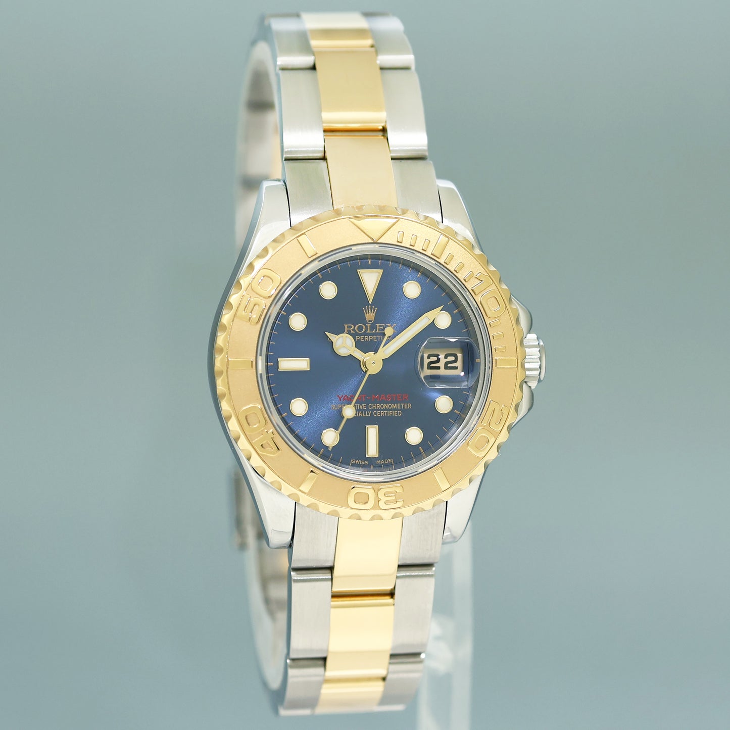 MINT Ladies Rolex Yacht-Master 169623 Two Tone Yellow Gold 29mm Blue Watch Box