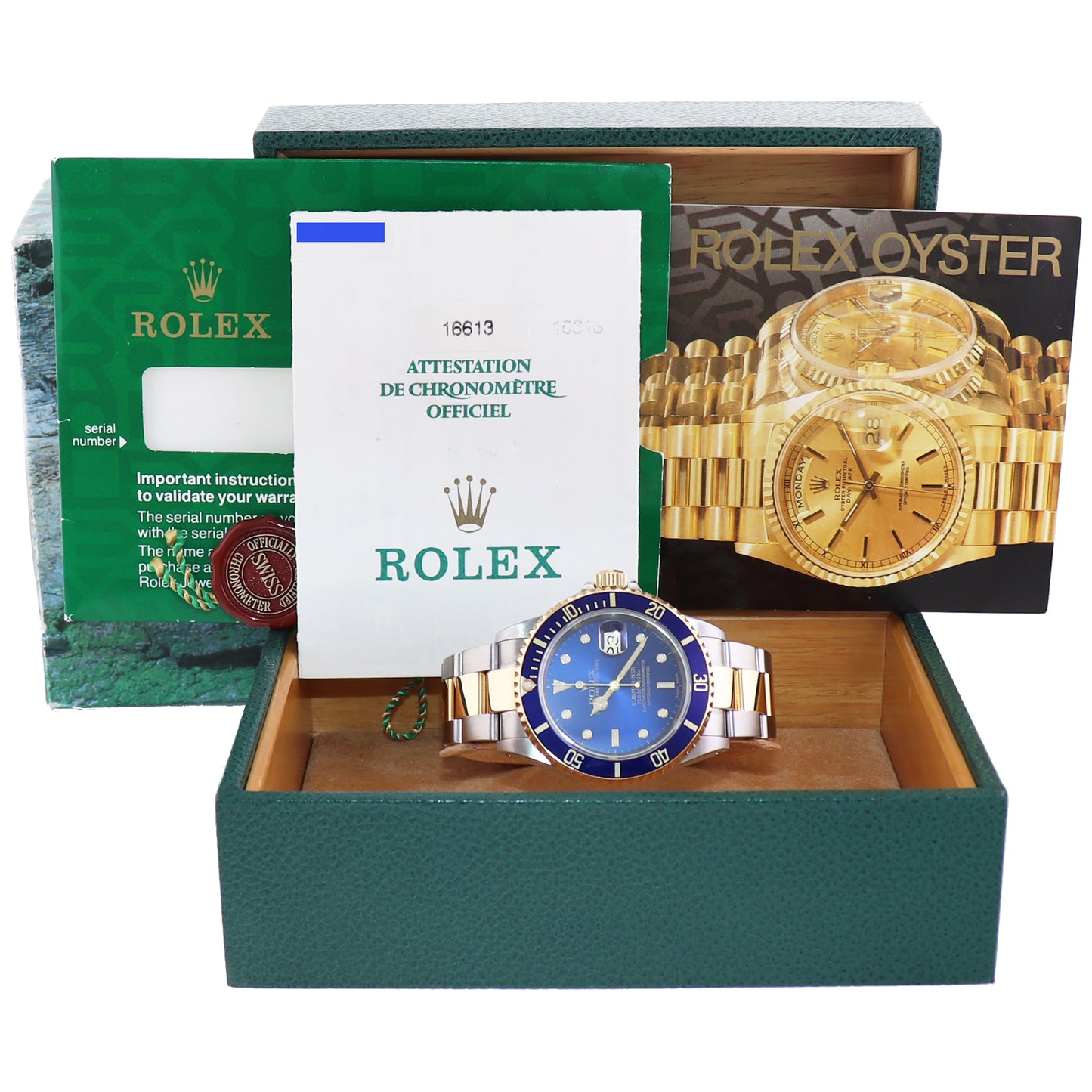 PAPERS 2000 Rolex Submariner 16613 Gold Steel Two Tone Sunburst Blue Watch