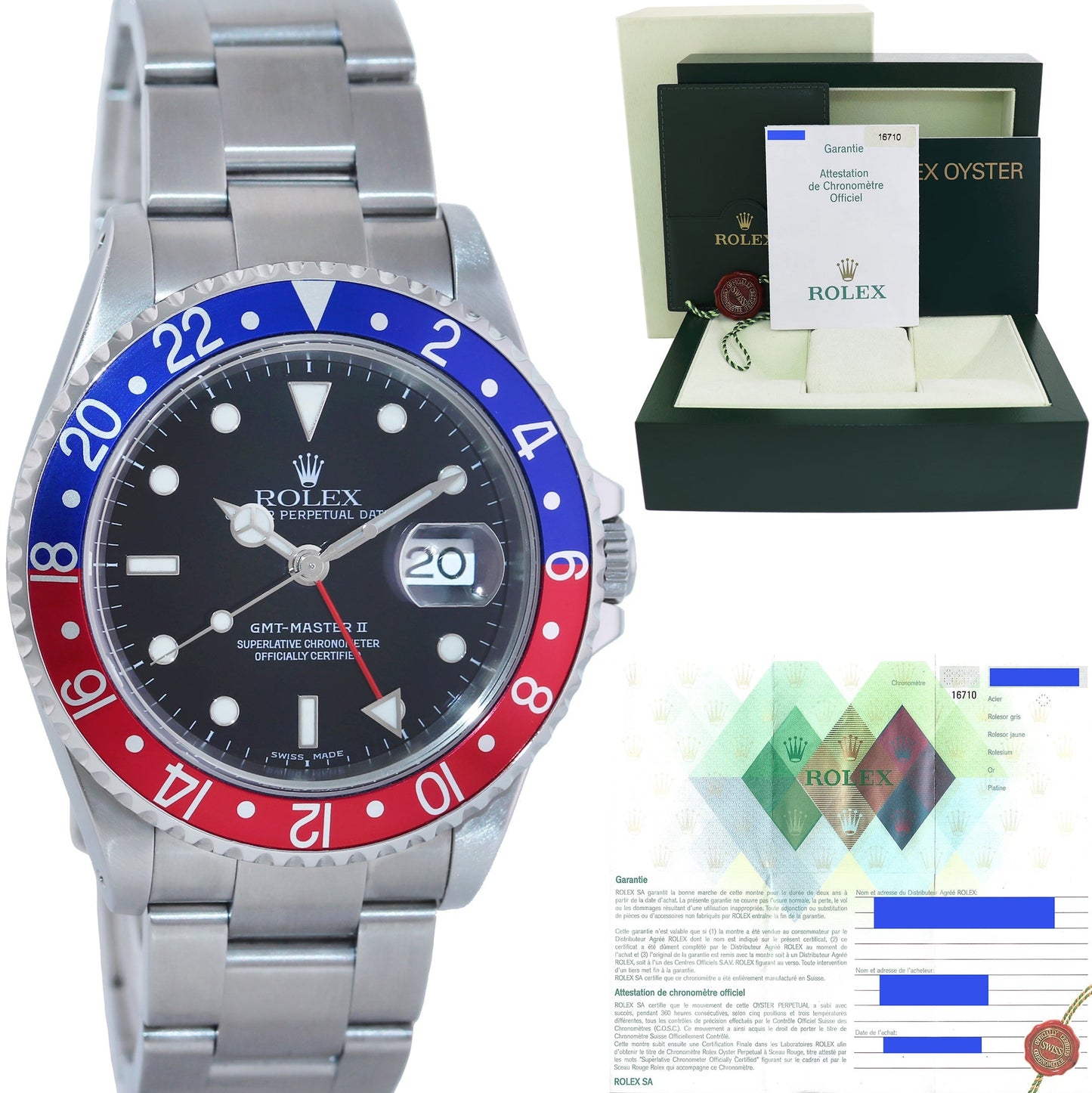 2003 MINT PAPERS Rolex GMT-Master II 2 Pepsi Blue Red Steel 16710 40mm Watch Box