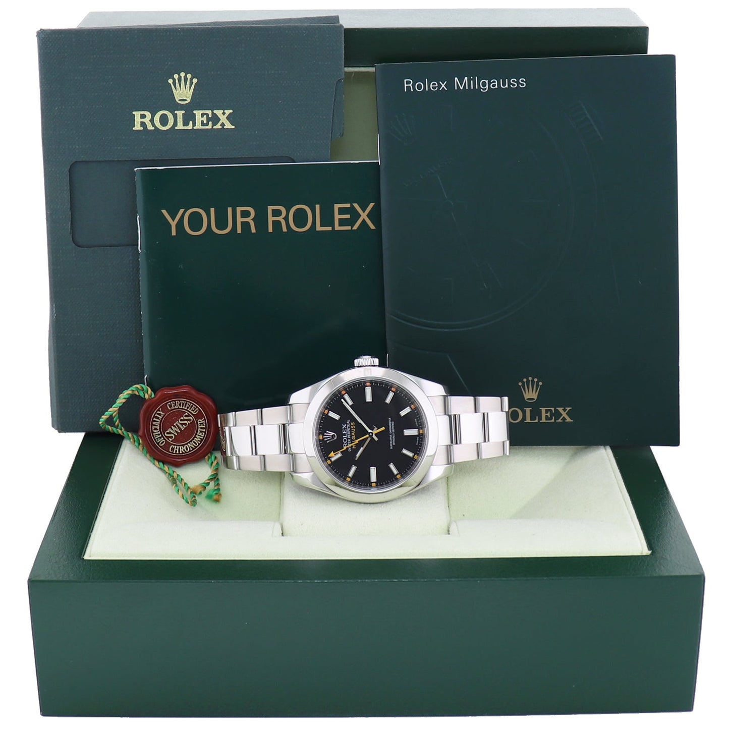 MINT Rolex Milgauss 40mm Orange Black 116400 Stainless Steel Watch Box