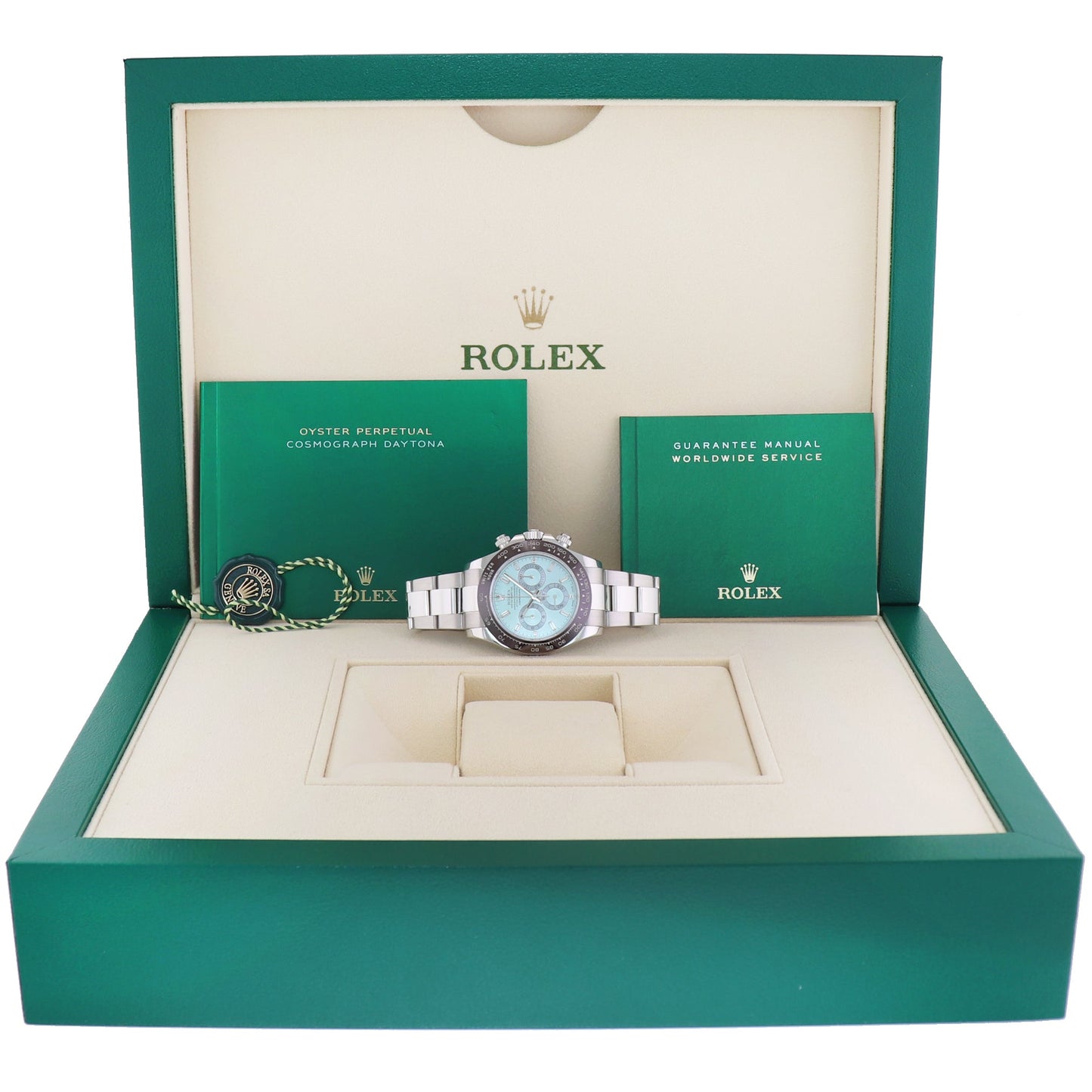 2022 MINT Rolex Daytona 116506 Platinum Glacier Blue Diamond Baguette Watch Box