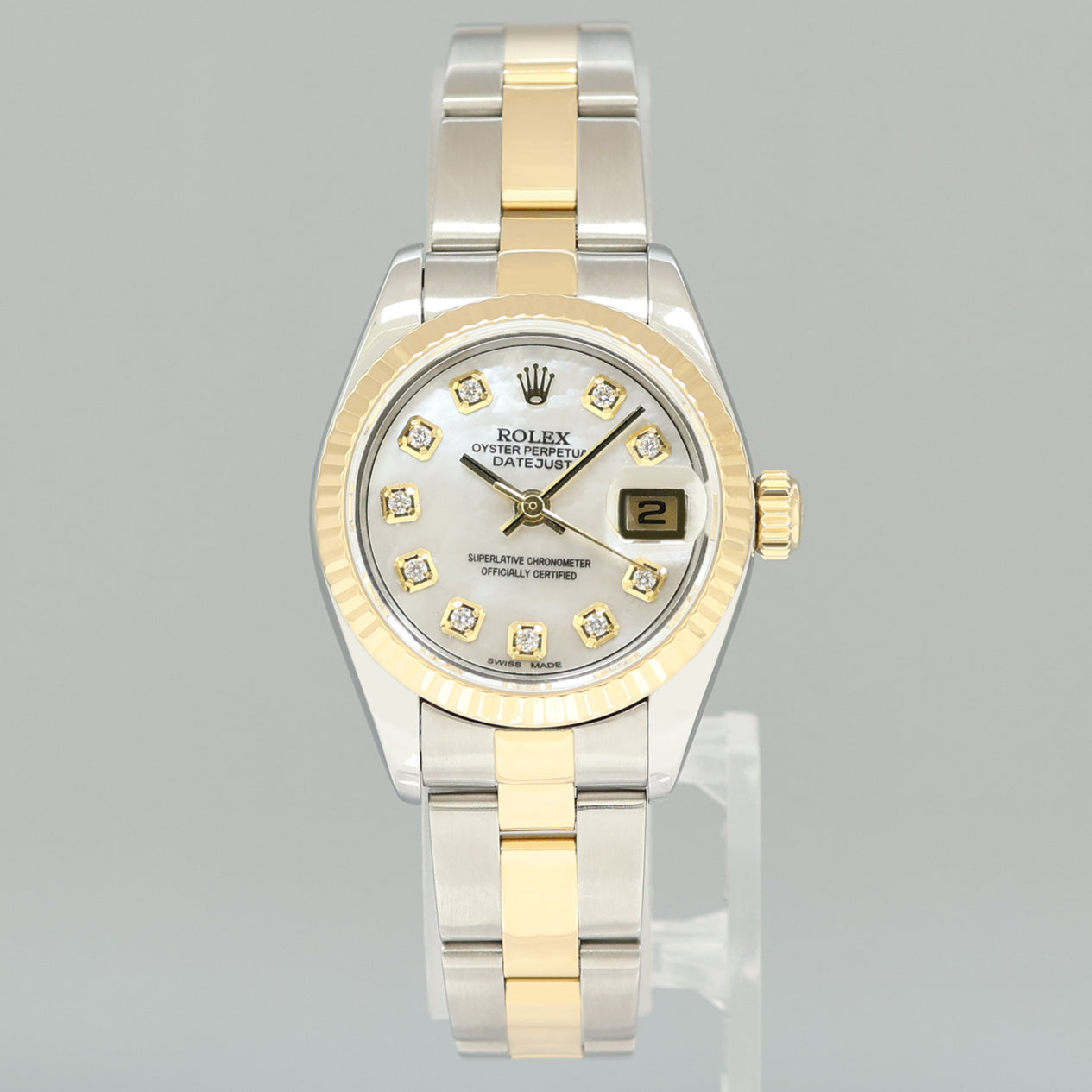 PAPERS MINT Ladies Rolex DateJust 79173 MOP Diamond 26mm Two-Tone Gold Steel Watch