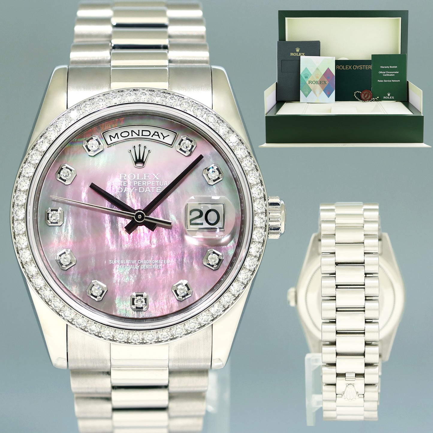 2007 PAPERS Rolex 118346 Platinum President MOP Diamond Bezel Day Date Watch