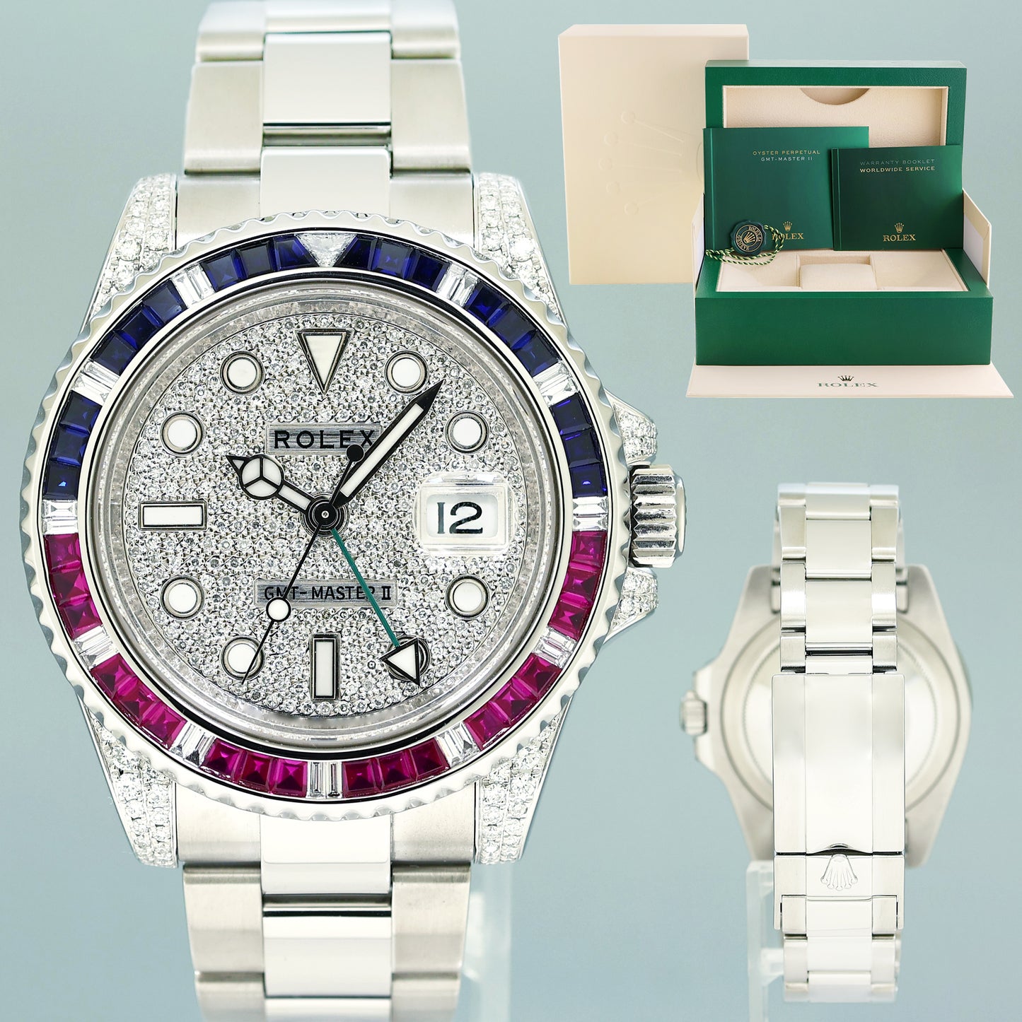MINT Pave Diamond Ruby & Sapphire Rolex GMT Master II 116710 Steel 40mm Watch