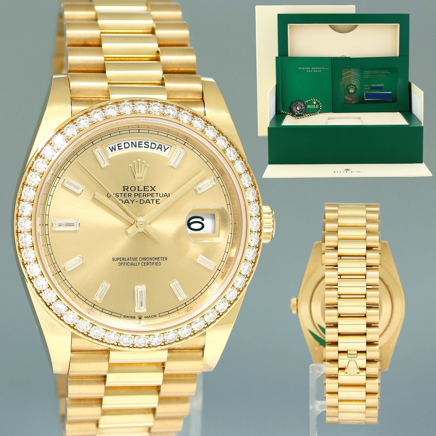 NEW PAPERS Rolex Day Date 40 Yellow Gold President Champange Diamond 228348 Watch