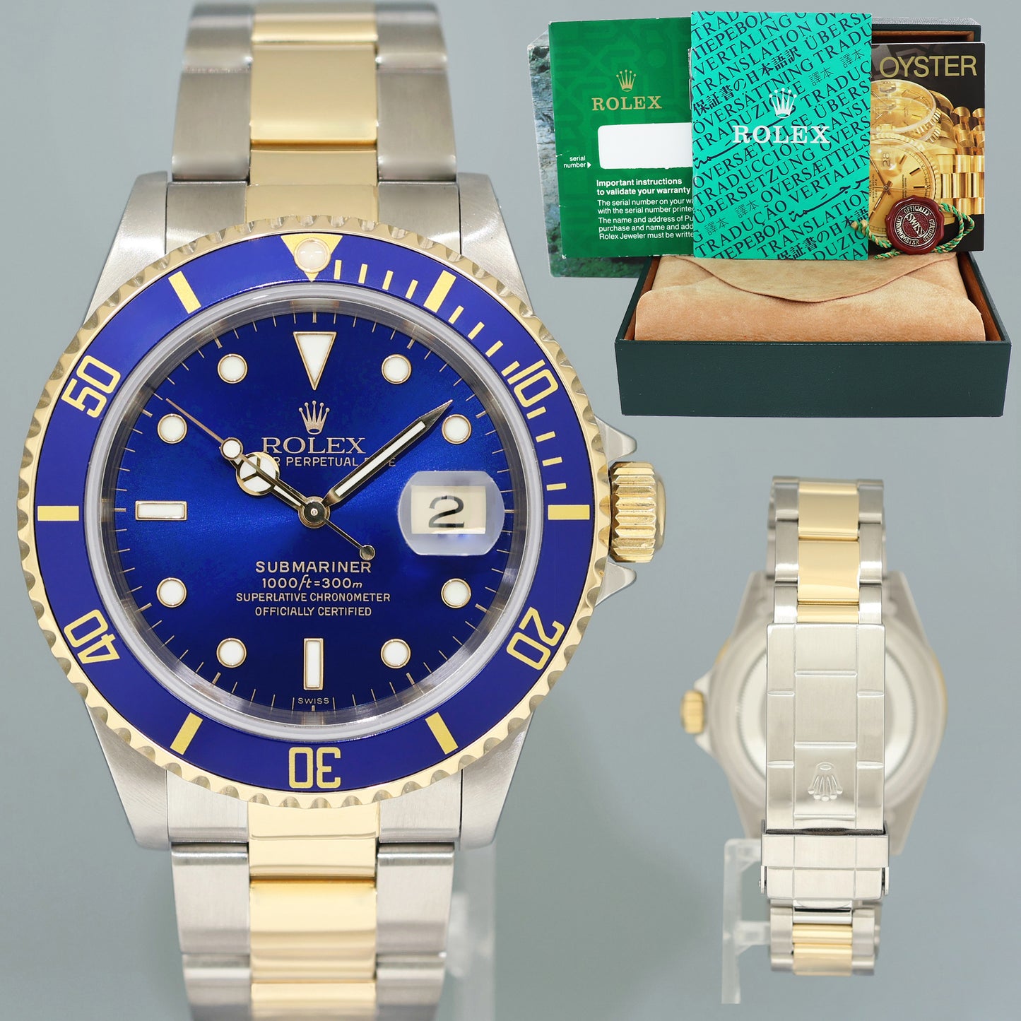 MINT 1999 Rolex Submariner 16613LB Yellow Gold Steel Two Tone Sunburst Blue Watch