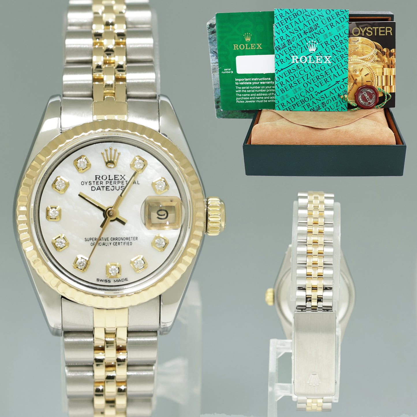 Diamond Pearl Ladies Rolex DateJust 26mm 69173 Two Tone Gold Steel Jubilee Watch Box