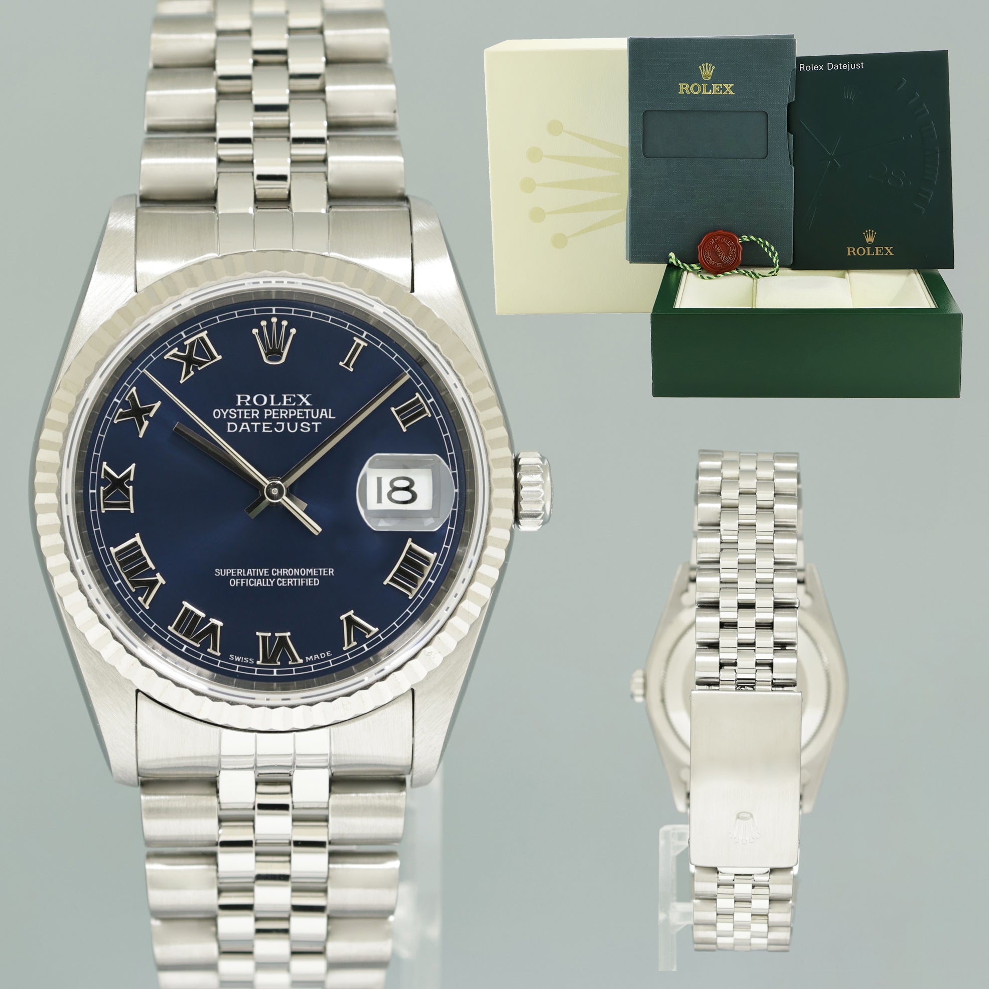 2005 MINT Rolex DateJust 16234 Blue Roman Jubilee White Gold Fluted Watch Box Huntington Watch