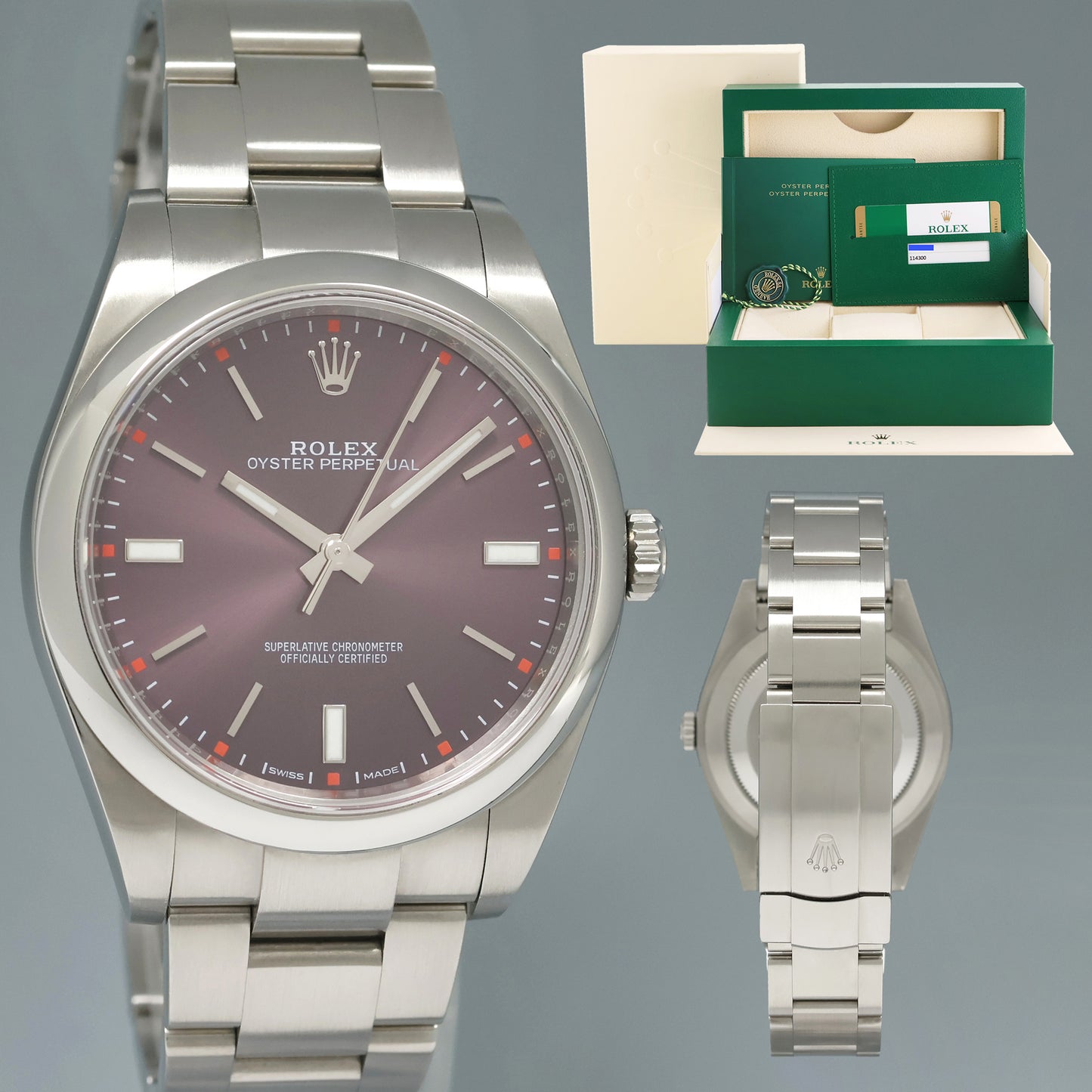 2015 PAPERS MINT Rolex Oyster Perpetual 39mm Purple Grape Oyster Watch 114300 Box