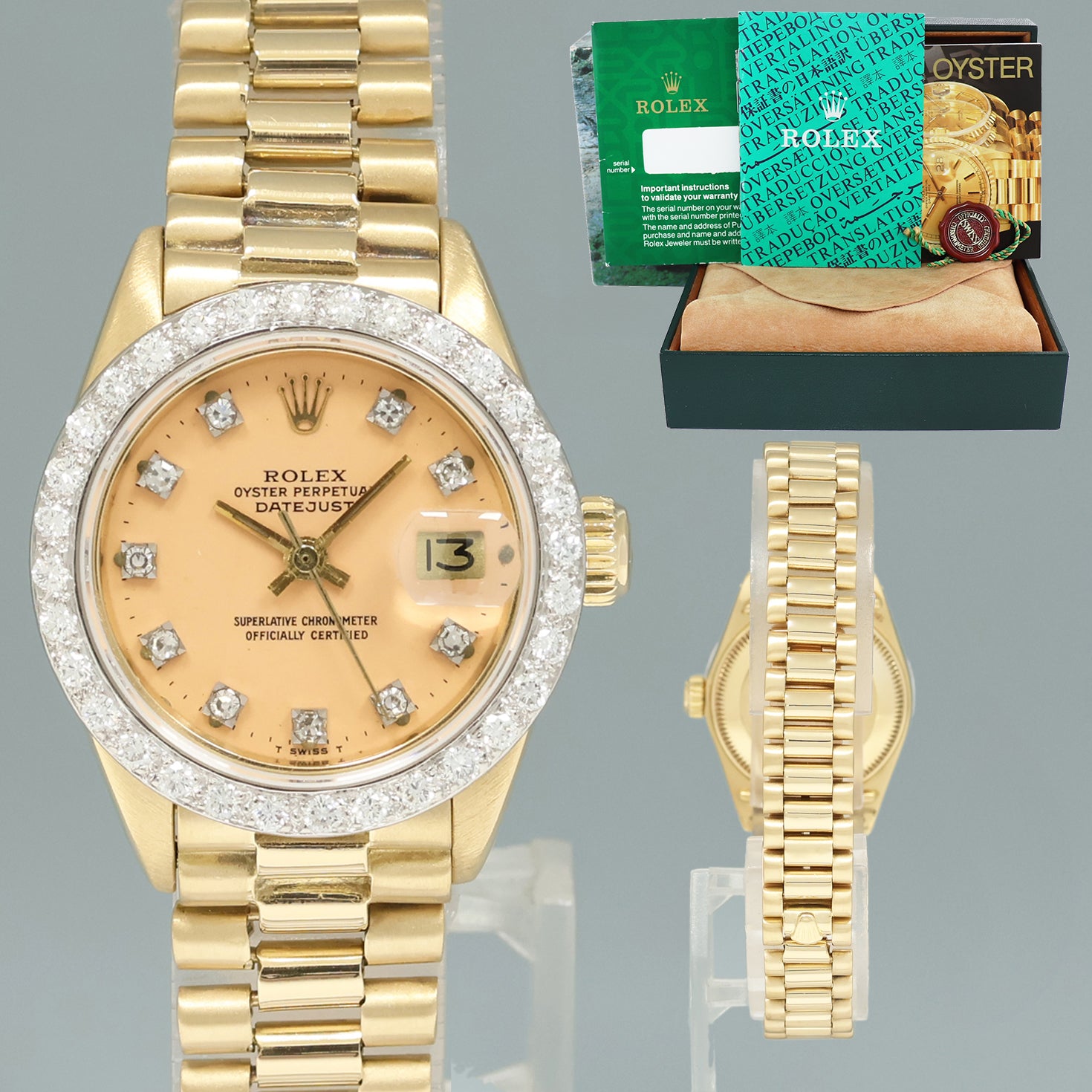 RARE STELLA DIAL Vintage Ladies Rolex President 26mm 6913 18k Gold Diamond Watch Box Huntington Watch