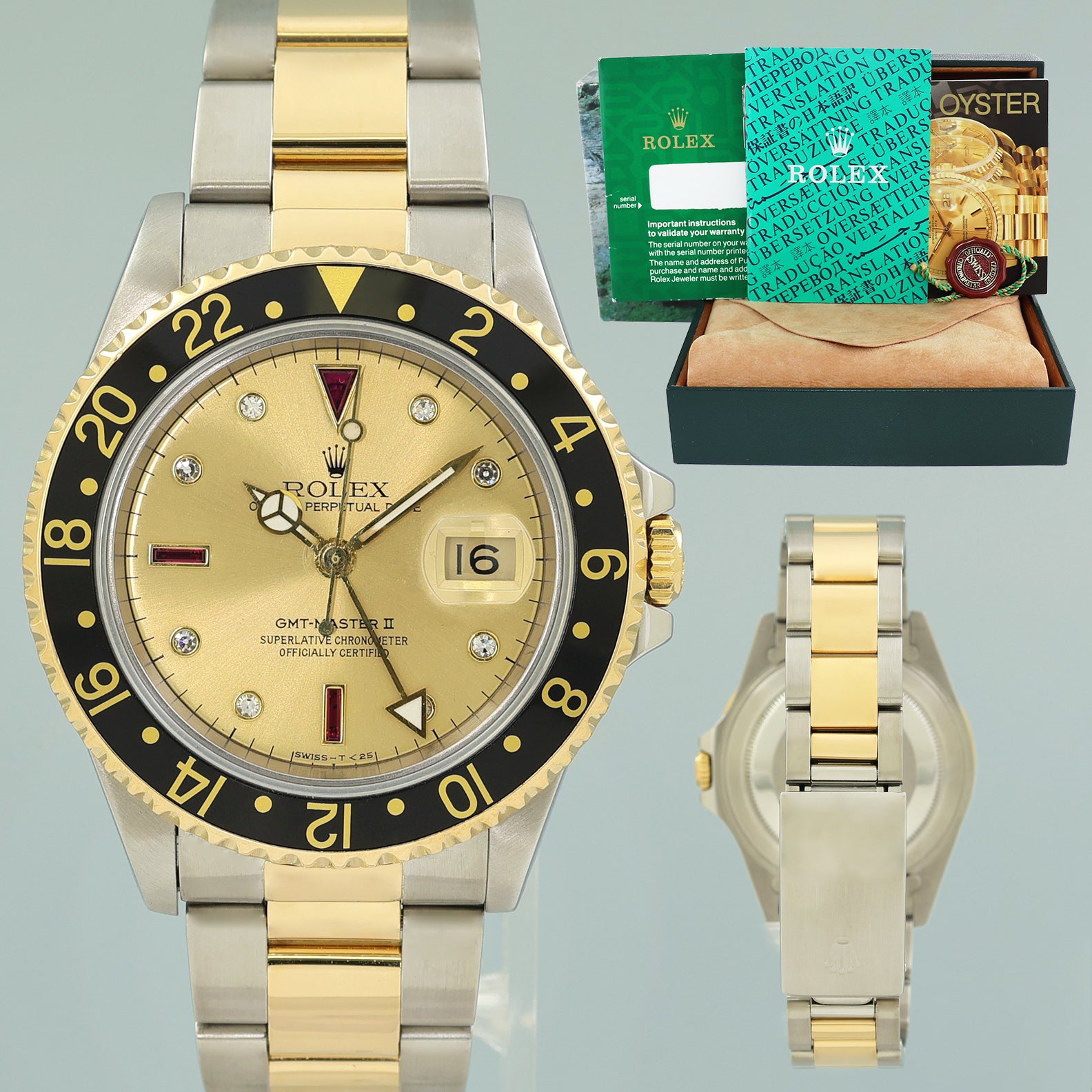Rolex GMT-Master 16713 Two-Tone Yellow Gold Champagne Serti Ruby