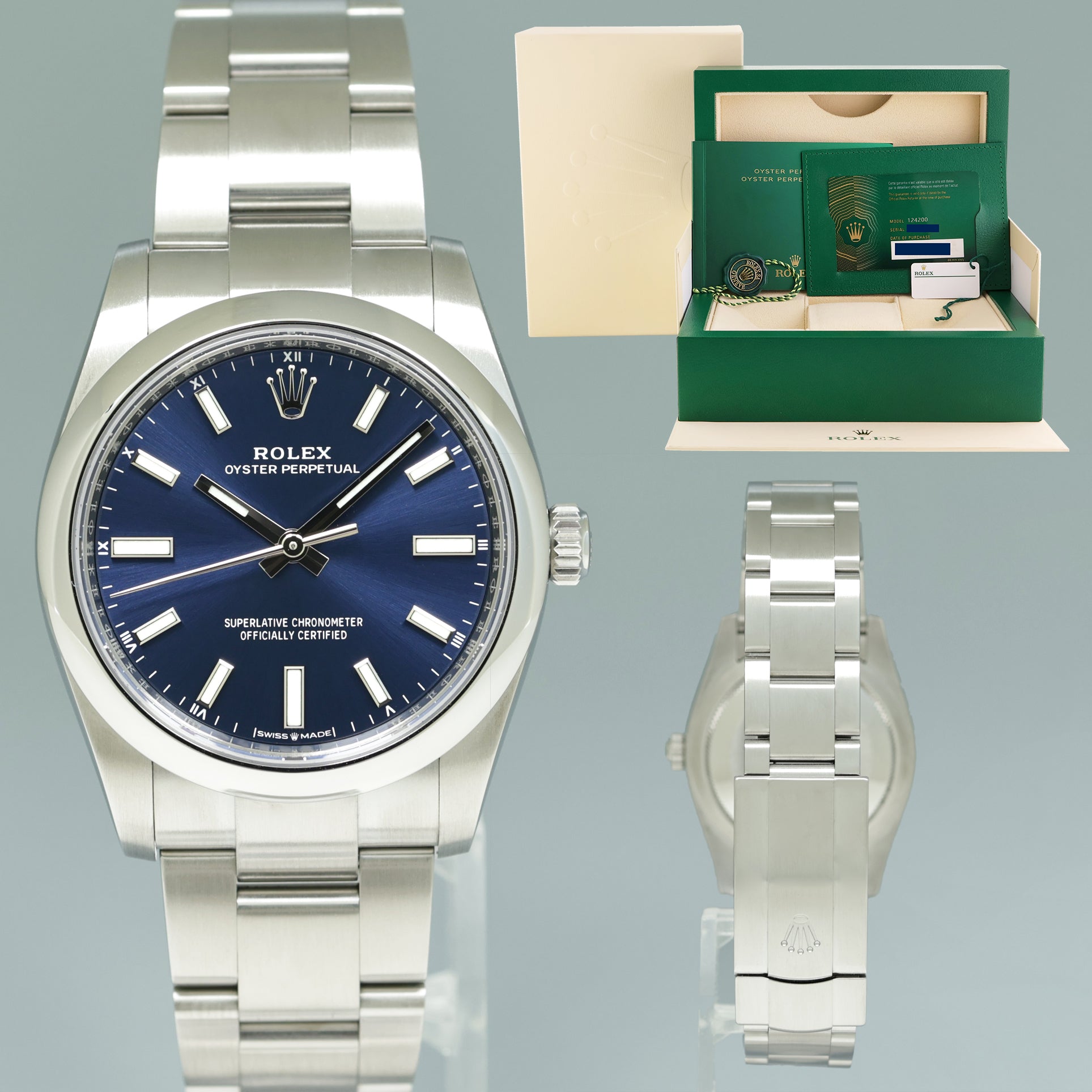 2022 NEW PAPERS Rolex Oyster Perpetual 34mm Blue Stick Oyster Watch 124200 Watch