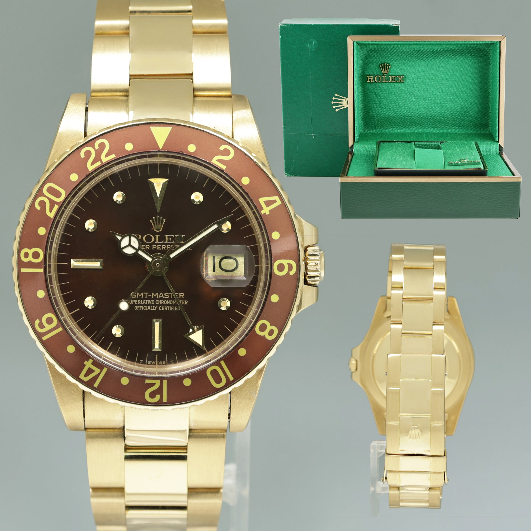 1980 Rolex Root Beer 1675 Yellow Gold GMT Master Brown Nipple Jubilee Watch Box Huntington Watch